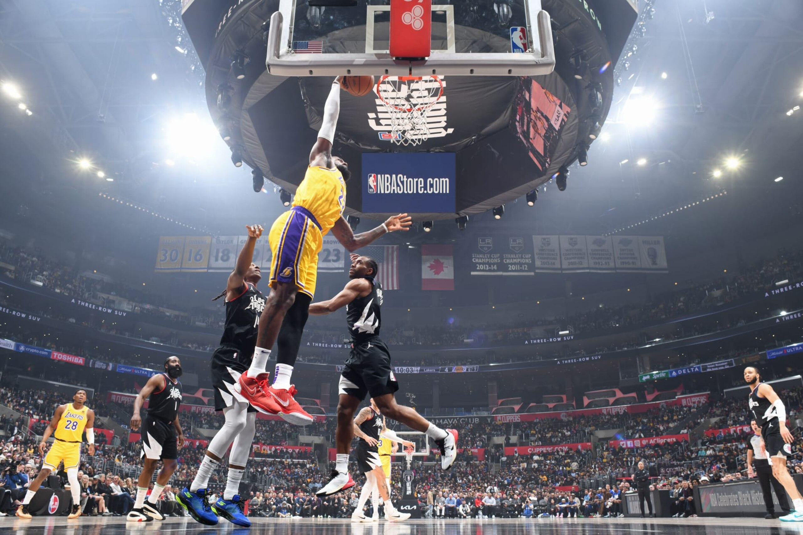 LOS ANGELES, CA - FEBRUARY 28: LeBron James #23 of the Los Angeles Lakers dunks the ball during the game against the LA Clippers on February 28, 2024 at Crypto.Com Arena in Los Angeles, California. NOTE TO USER: User expressly acknowledges and agrees that, by downloading and/or using this Photograph, user is consenting to the terms and conditions of the Getty Images License Agreement. Mandatory Copyright Notice: Copyright 2024 NBAE (Photo by Andrew D. Bernstein/NBAE via Getty Images)