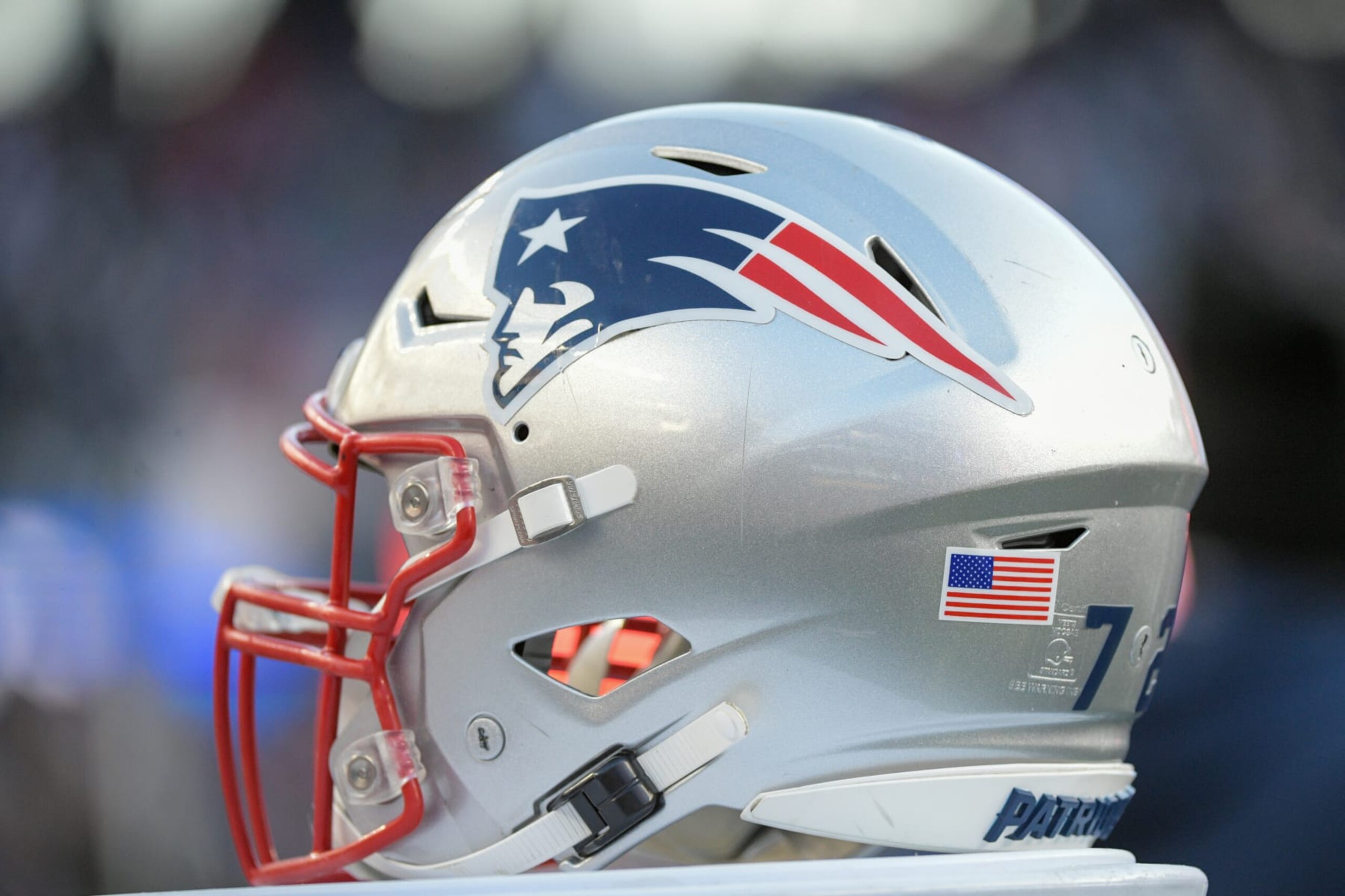 FOXBOROUGH, MA - DECEMBER 24: A close up view of the New England Patriots logo on a helmet during a game between the New England Patriots and the Cincinnati Bengals on December 24, 2022, at Gillette Stadium in Foxborough, Massachusetts. (Photo by Erica Denhoff/Icon Sportswire via Getty Images)