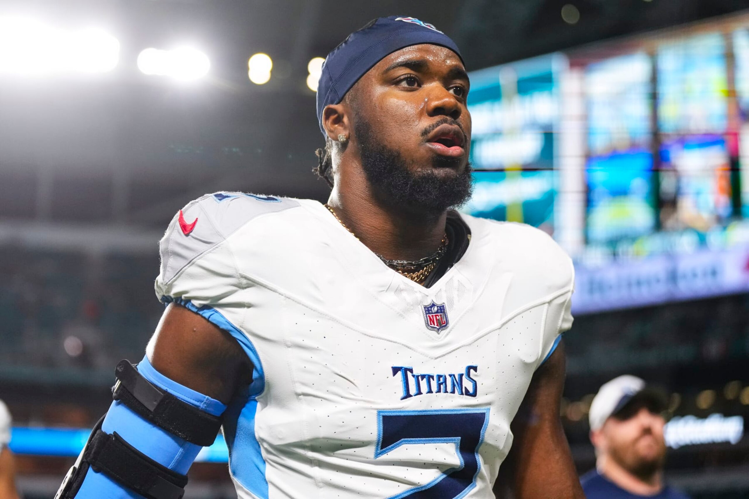 MIAMI GARDENS, FL - DECEMBER 11: Azeez Al-Shaair #2 of the Tennessee Titans runs off of the field during an NFL football game against the Miami Dolphins at Hard Rock Stadium on December 11, 2023 in Miami Gardens, Florida. (Photo by Cooper Neill/Getty Images)