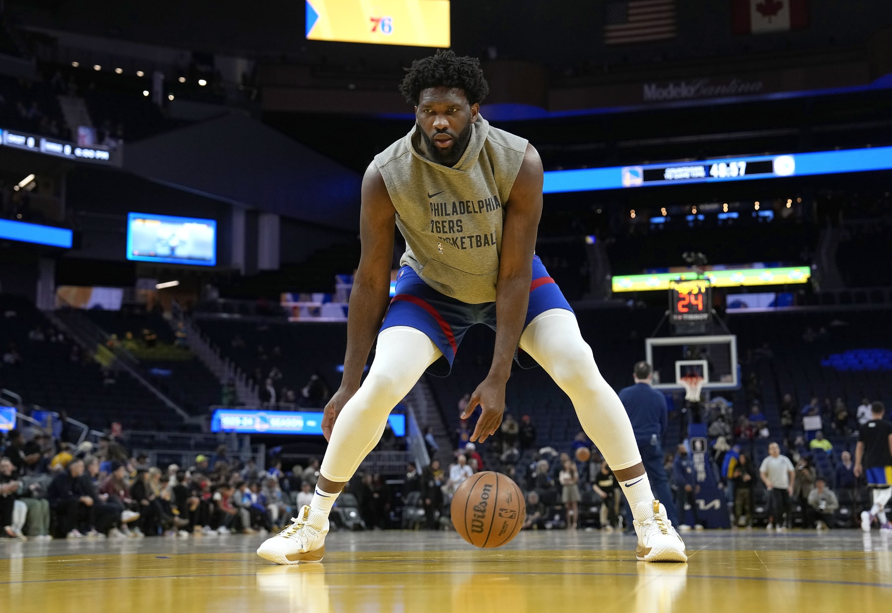 SAN FRANCISCO, CALIFORNIA - JANUARY 30: Joel Embiid #21 of the Philadelphia 76ers warms up prior to the start of an NBA basketball game against the Golden State Warriors at Chase Center on January 30, 2024 in San Francisco, California. NOTE TO USER: User expressly acknowledges and agrees that, by downloading and or using this photograph, User is consenting to the terms and conditions of the Getty Images License Agreement. (Photo by Thearon W. Henderson/Getty Images)