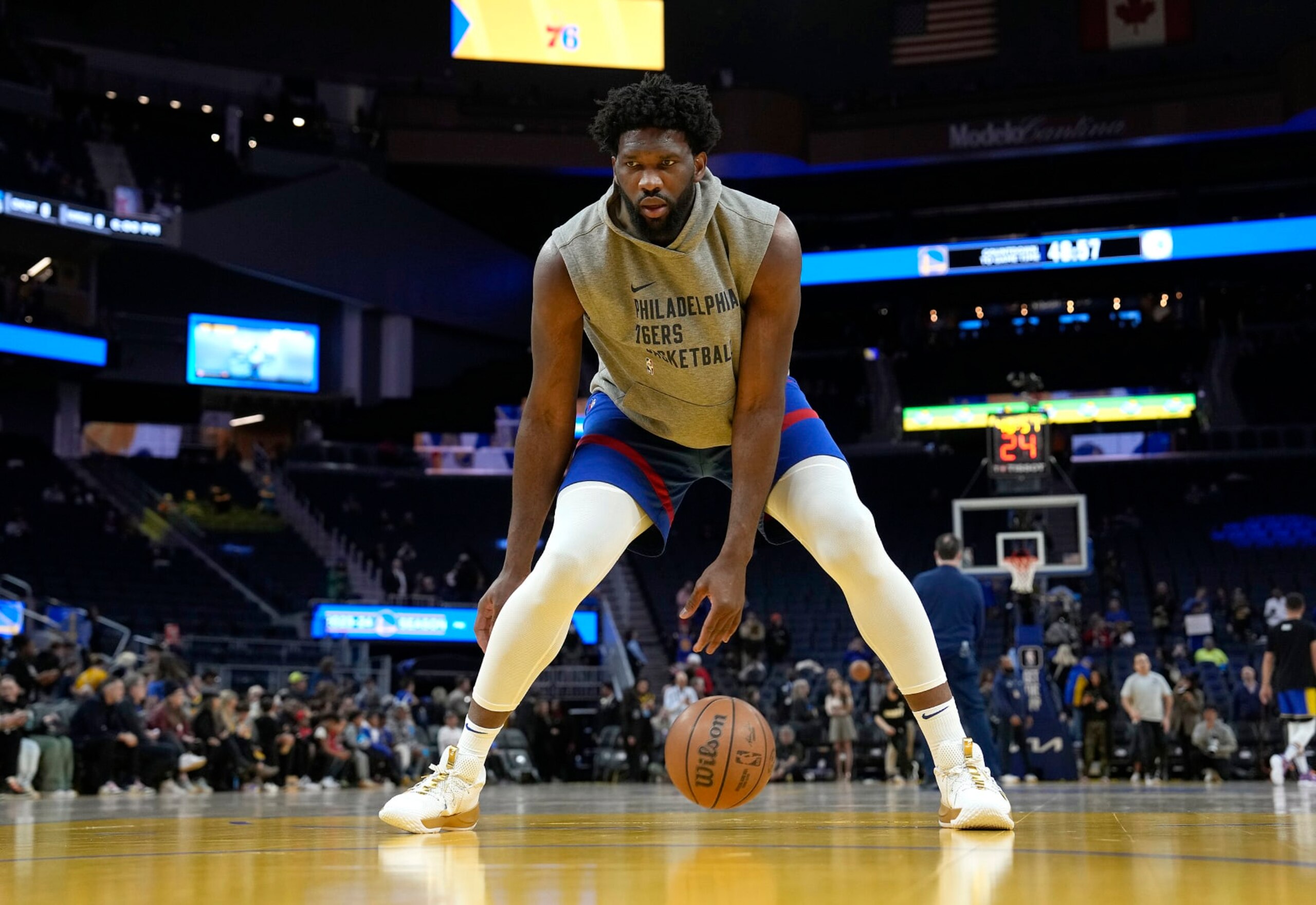 SAN FRANCISCO, CALIFORNIA - JANUARY 30: Joel Embiid #21 of the Philadelphia 76ers warms up prior to the start of an NBA basketball game against the Golden State Warriors at Chase Center on January 30, 2024 in San Francisco, California. NOTE TO USER: User expressly acknowledges and agrees that, by downloading and or using this photograph, User is consenting to the terms and conditions of the Getty Images License Agreement. (Photo by Thearon W. Henderson/Getty Images)