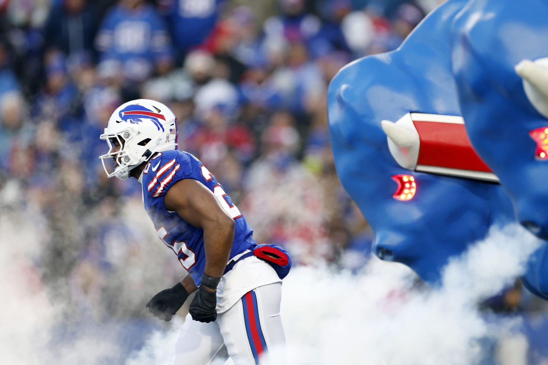 ORCHARD PARK, NEW YORK - NOVEMBER 19: Tyrel Dodson #25 of the Buffalo Bills is introduced before the game against the New York Jets at Highmark Stadium on November 19, 2023 in Orchard Park, New York. (Photo by Sarah Stier/Getty Images)