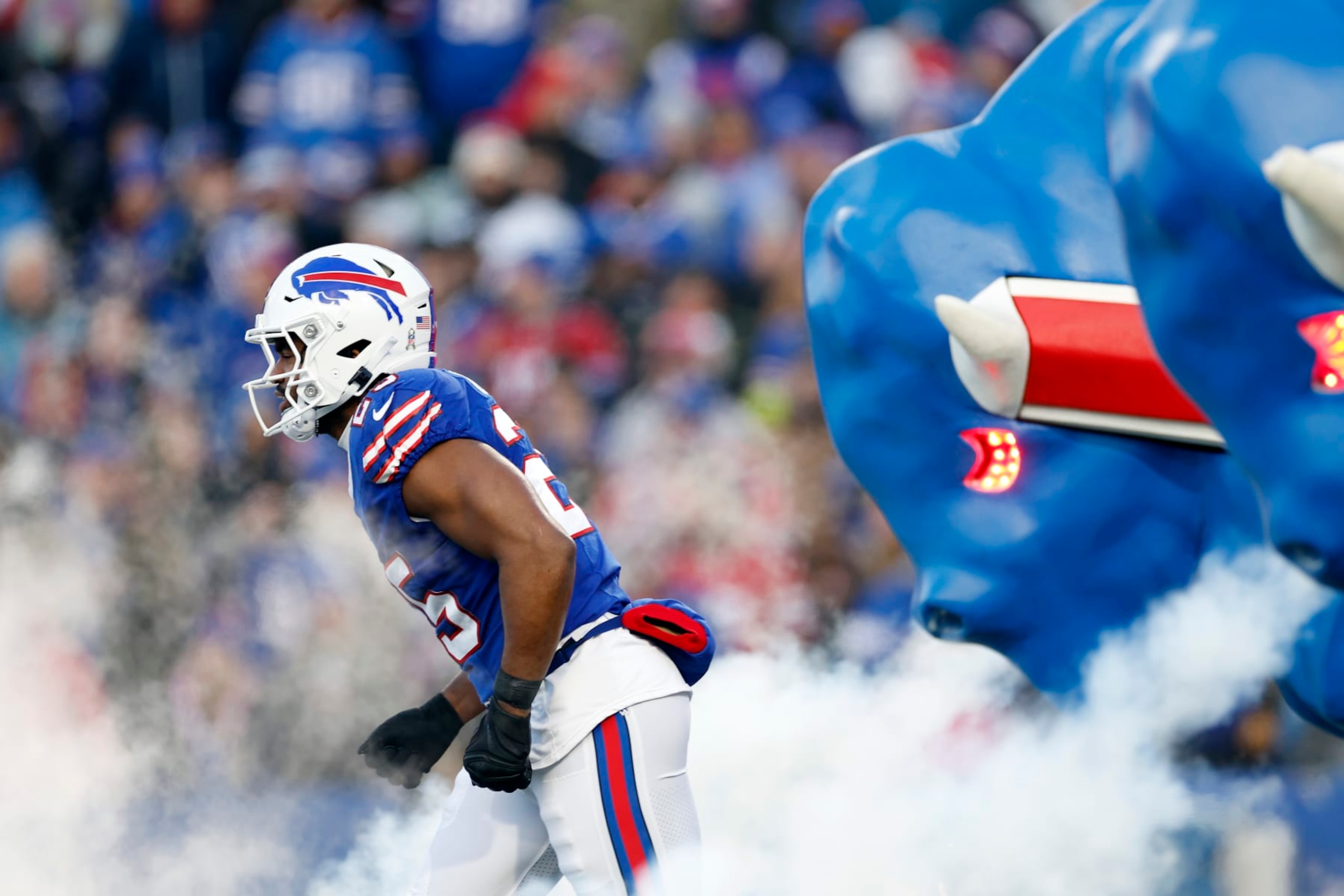 ORCHARD PARK, NEW YORK - NOVEMBER 19: Tyrel Dodson #25 of the Buffalo Bills is introduced before the game against the New York Jets at Highmark Stadium on November 19, 2023 in Orchard Park, New York. (Photo by Sarah Stier/Getty Images)