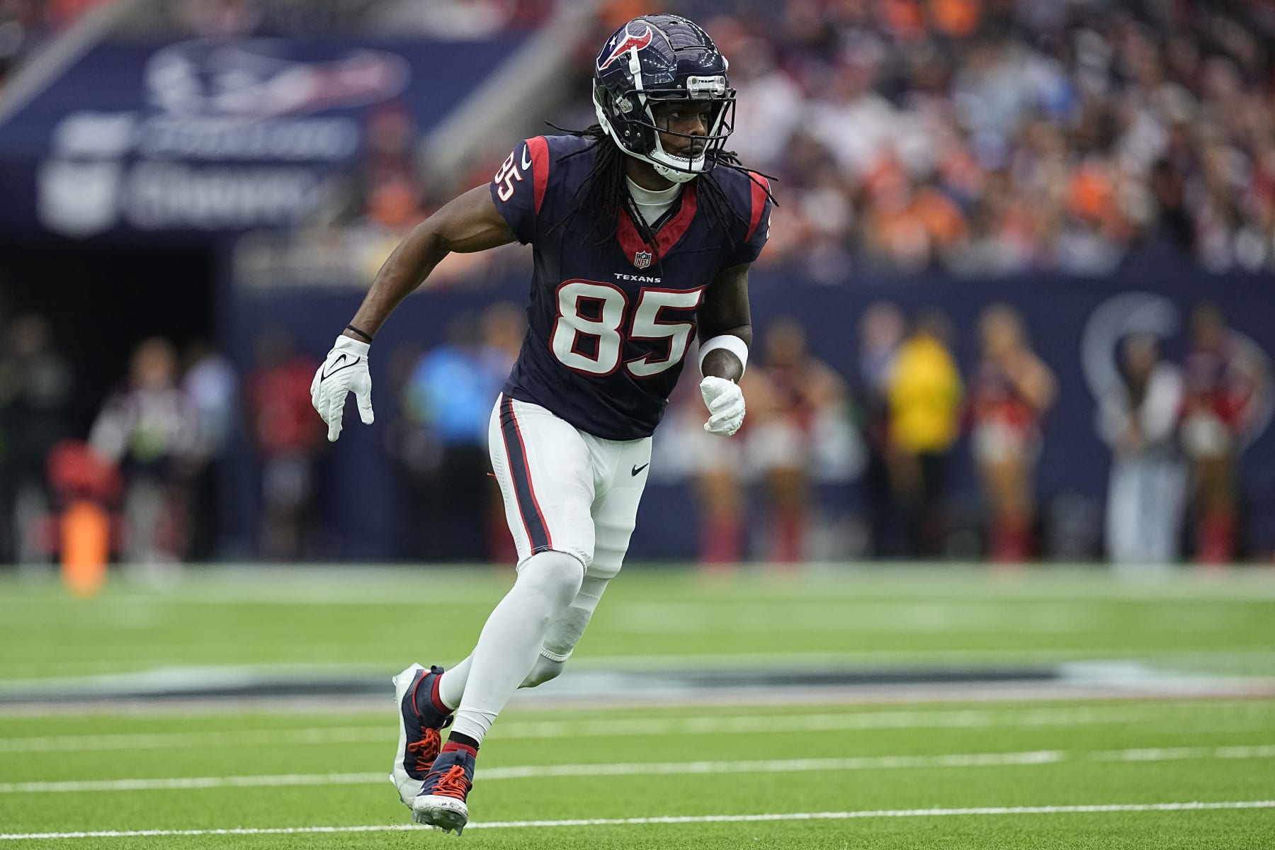 HOUSTON, TEXAS - DECEMBER 03: Noah Brown #85 of the Houston Texans runs during the first half against the Denver Broncos at NRG Stadium on December 03, 2023 in Houston, Texas. (Photo by Sam Hodde/Getty Images)