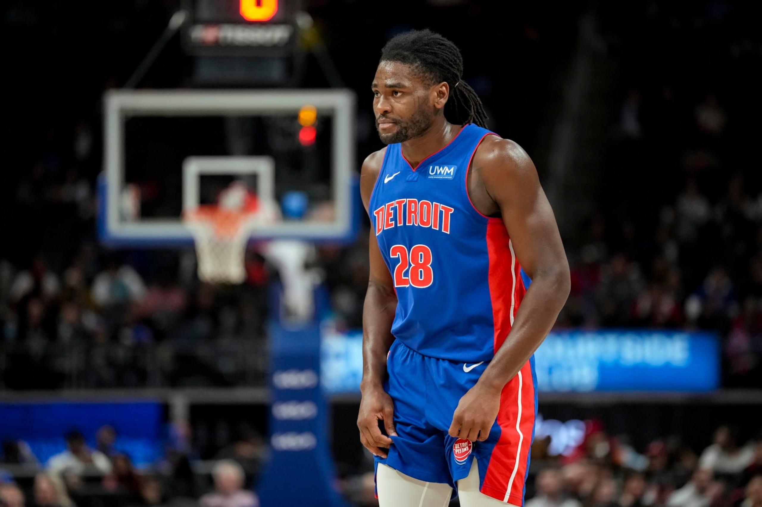 DETROIT, MICHIGAN - DECEMBER 06: Isaiah Stewart #28 of the Detroit Pistons looks on against the Memphis Grizzlies at Little Caesars Arena on December 06, 2023 in Detroit, Michigan. NOTE TO USER: User expressly acknowledges and agrees that, by downloading and or using this photograph, User is consenting to the terms and conditions of the Getty Images License Agreement. (Photo by Nic Antaya/Getty Images)