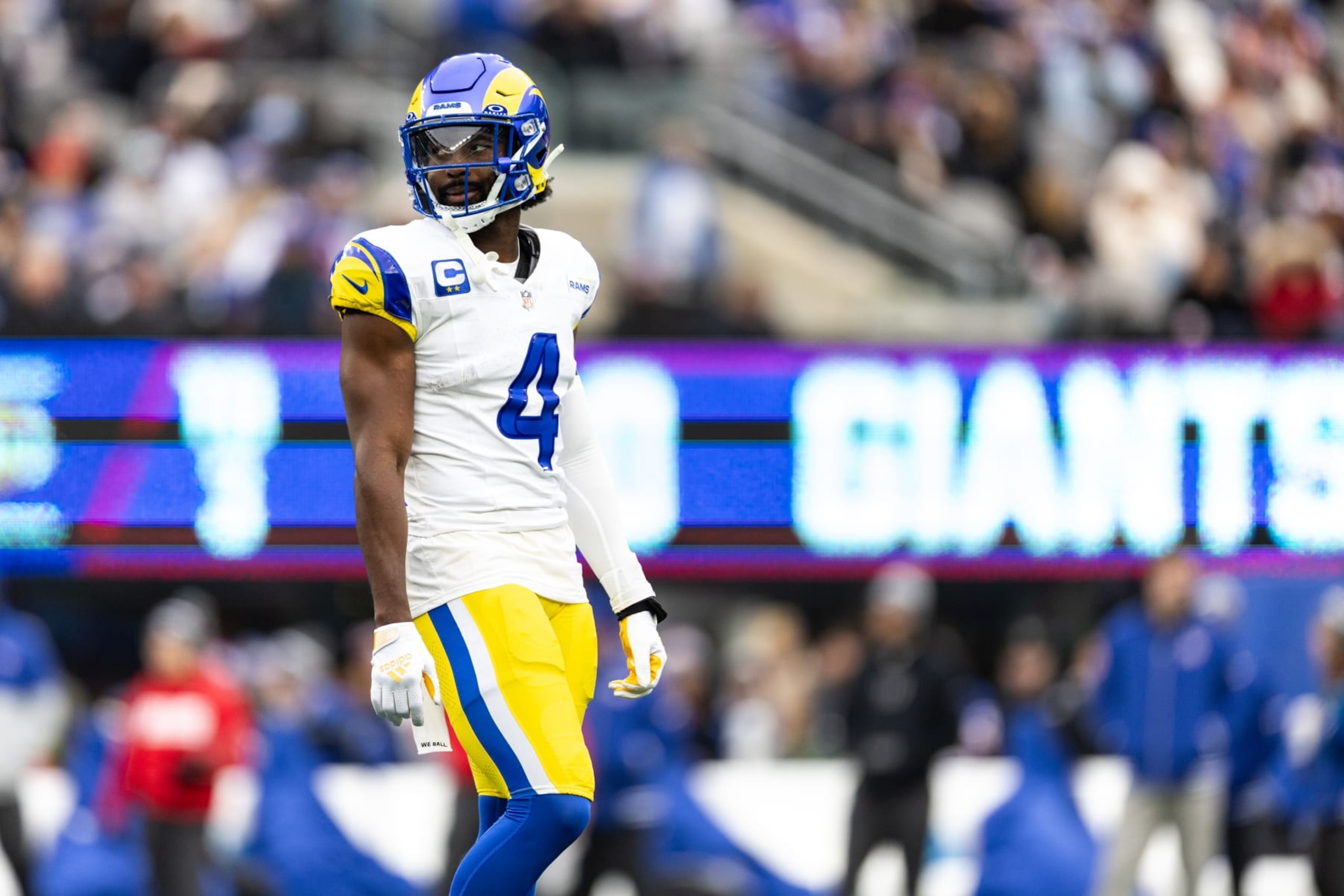 EAST RUTHERFORD, NEW JERSEY - DECEMBER 31: Jordan Fuller #4 of the Los Angeles Rams looks on during the first quarter of the game against the New York Giants at MetLife Stadium on December 31, 2023 in East Rutherford, New Jersey. (Photo by Dustin Satloff/Getty Images)
