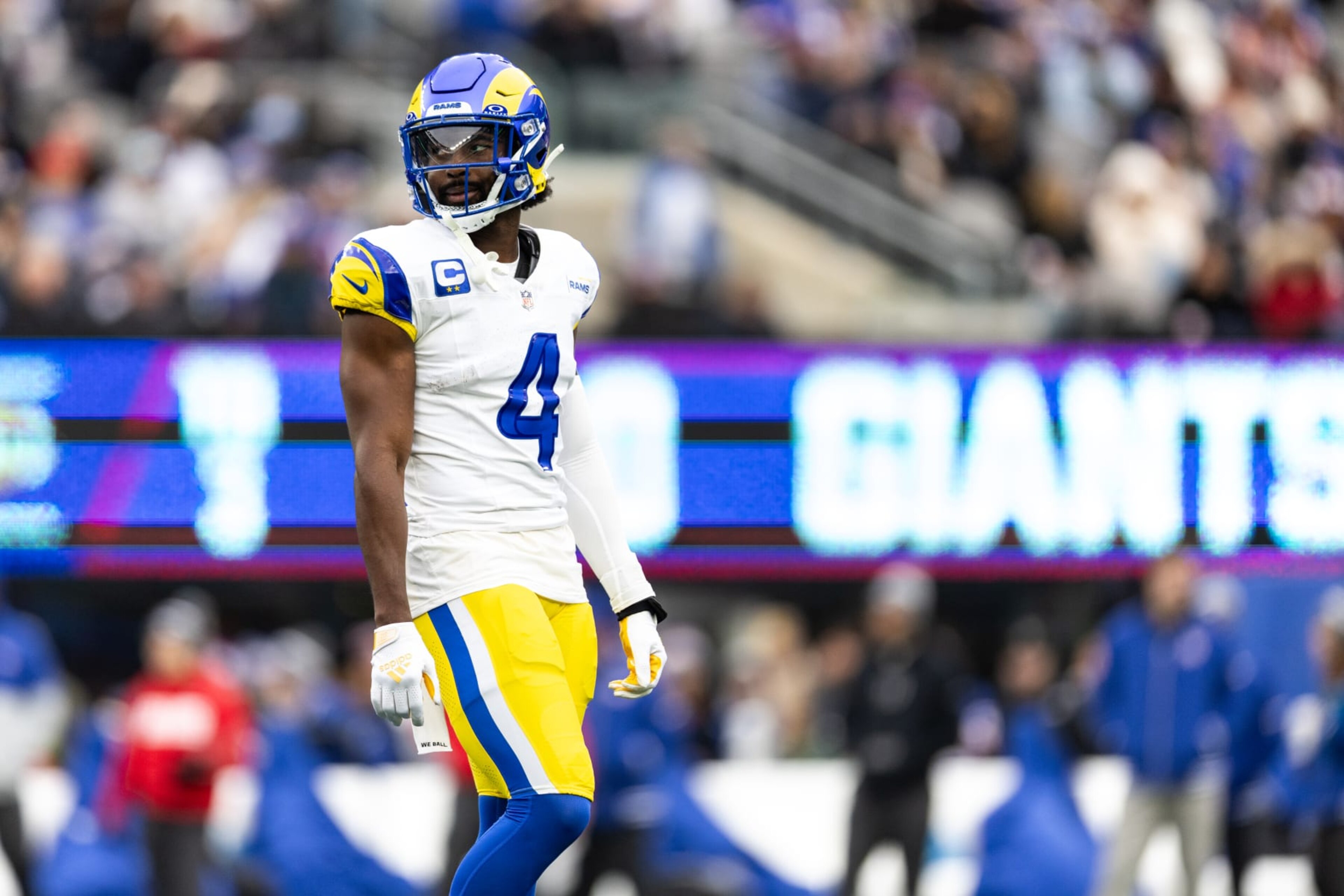 EAST RUTHERFORD, NEW JERSEY - DECEMBER 31: Jordan Fuller #4 of the Los Angeles Rams looks on during the first quarter of the game against the New York Giants at MetLife Stadium on December 31, 2023 in East Rutherford, New Jersey. (Photo by Dustin Satloff/Getty Images) EAST RUTHERFORD, NEW JERSEY - DECEMBER 31: Jordan Fuller #4 of the Los Angeles Rams looks on during the first quarter of the game against the New York Giants at MetLife Stadium on December 31, 2023 in East Rutherford, New Jersey. (Photo by Dustin Satloff/Getty Images)