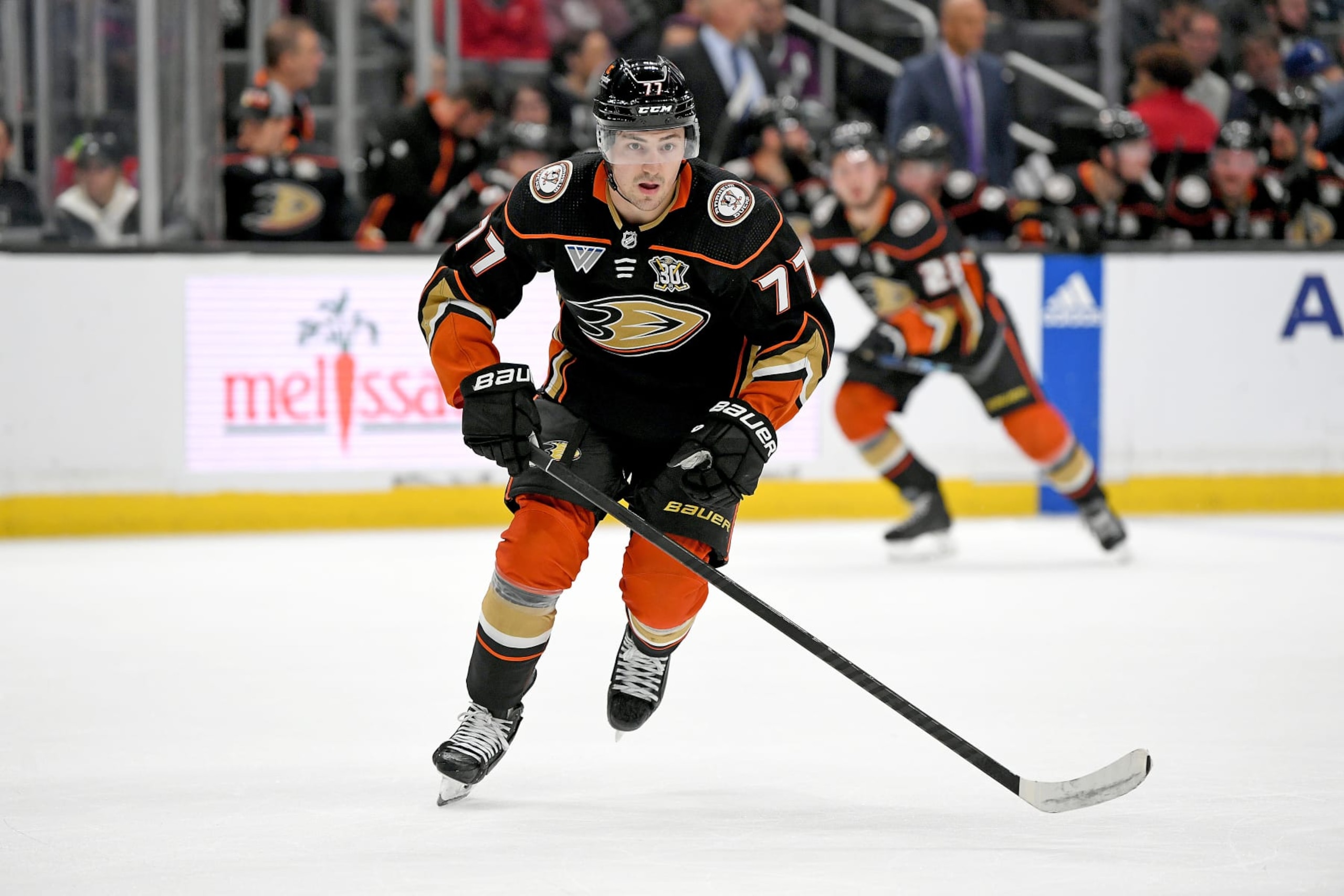 LOS ANGELES, CA - FEBRUARY 24: Anaheim Ducks Left Wing Frank Vatrano (77) during a game between the Anaheim Ducks and the Los Angeles Kings on February 24, 2024 at the Crypto.com Arena in Los Angeles, CA.  (Photo by Rob Curtis/Icon Sportswire via Getty Images)