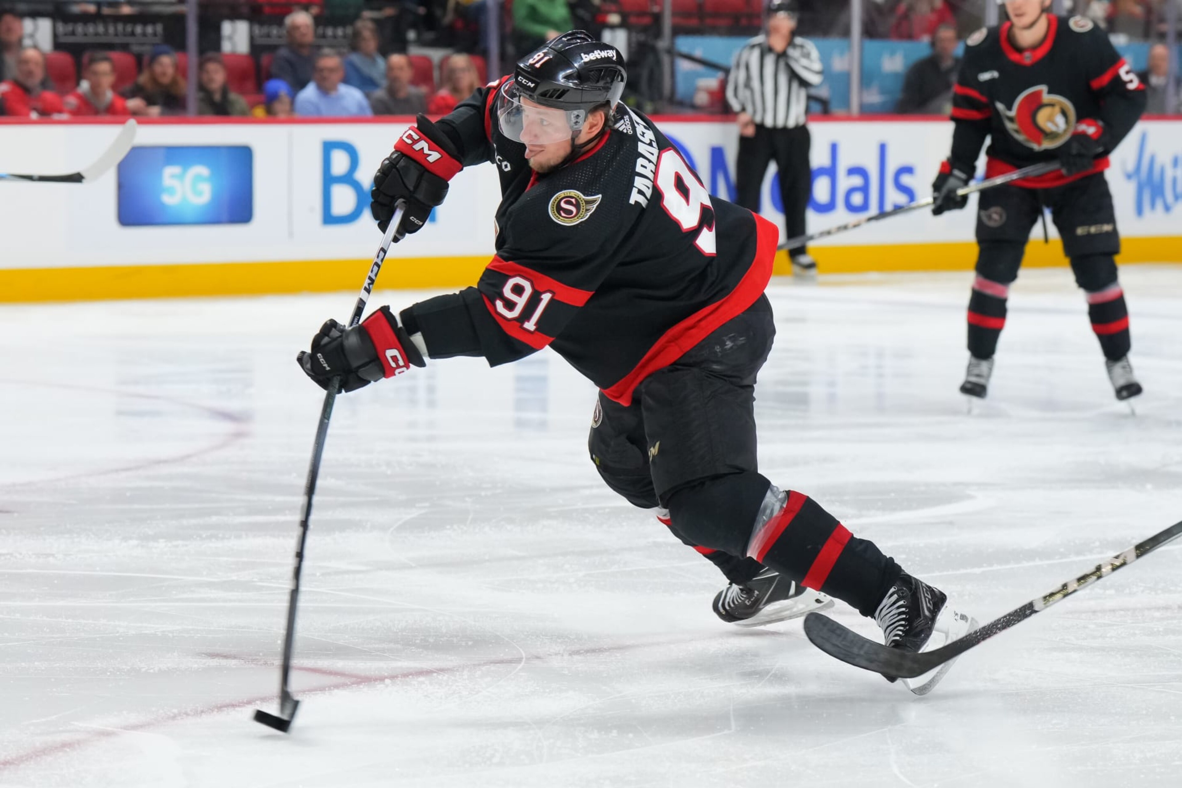 OTTAWA, CANADA - FEBRUARY 24: Vladimir Tarasenko #91 of the Ottawa Senators shoots the puck against the Vegas Golden Knights at Canadian Tire Centre on February 24, 2024 in Ottawa, Ontario, Canada. (Photo by André Ringuette/NHLI via Getty Images) OTTAWA, CANADA - FEBRUARY 24: Vladimir Tarasenko #91 of the Ottawa Senators shoots the puck against the Vegas Golden Knights at Canadian Tire Centre on February 24, 2024 in Ottawa, Ontario, Canada. (Photo by André Ringuette/NHLI via Getty Images)