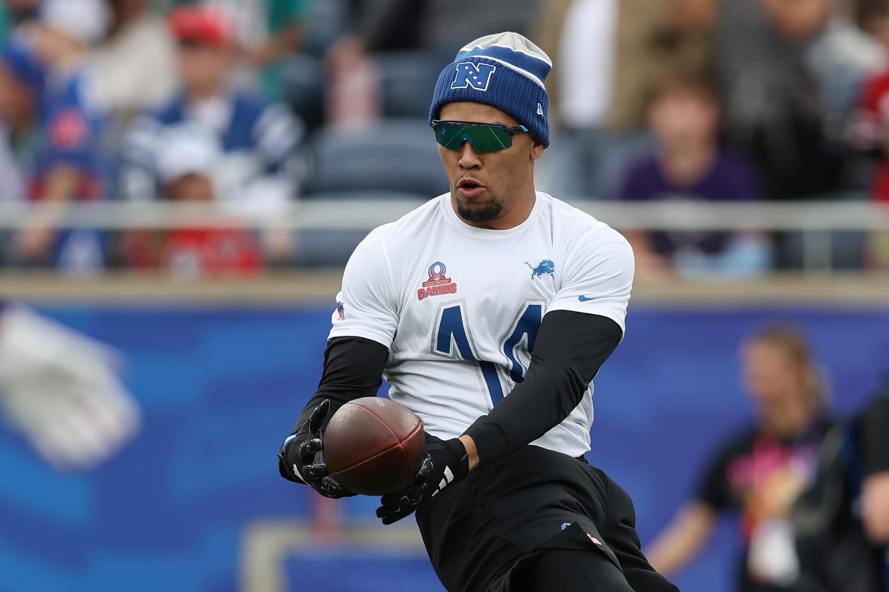 ORLANDO, FLORIDA - FEBRUARY 04: Amon-Ra St. Brown #14 of the Detroit Lions warms-up prior to the 2024 NFL Pro Bowl Games at Camping World Stadium on February 04, 2024 in Orlando, Florida. (Photo by Megan Briggs/Getty Images)