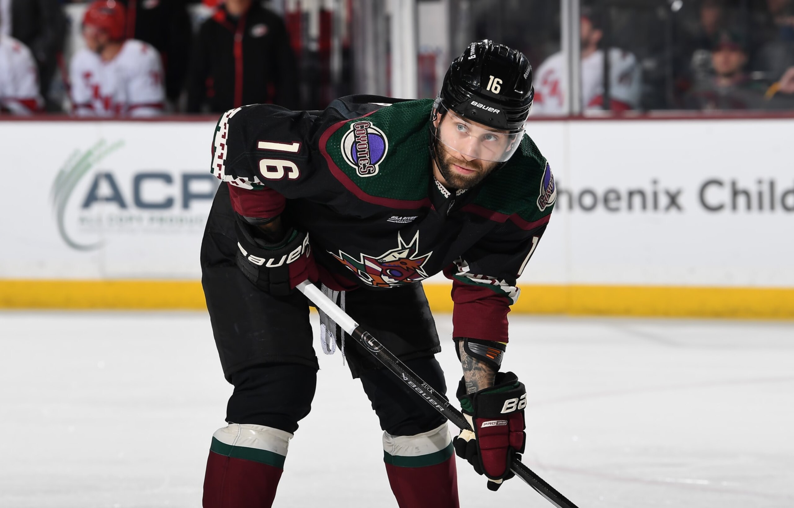 TEMPE, ARIZONA - FEBRUARY 16: Jason Zucker #16 of the Arizona Coyotes gets ready during a face off against the Carolina Hurricanes at Mullett Arena on February 16, 2024 in Tempe, Arizona. (Photo by Norm Hall/NHLI via Getty Images)