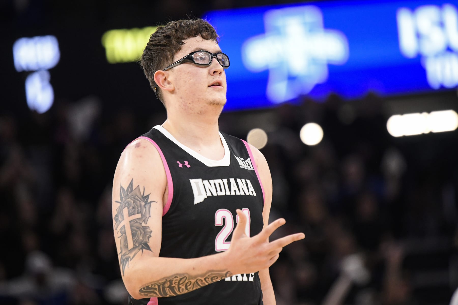 TERRE HAUTE, IN - FEBRUARY 03: Indiana State Sycamores Center Robbie Avila (21) reacts after making a 3-point shot during the college basketball game between the Drake Bulldogs and the Indiana State Sycamores on February 3, 2024, at the Hulman Center in Terre Haute, Indiana. (Photo by Michael Allio/Icon Sportswire via Getty Images)