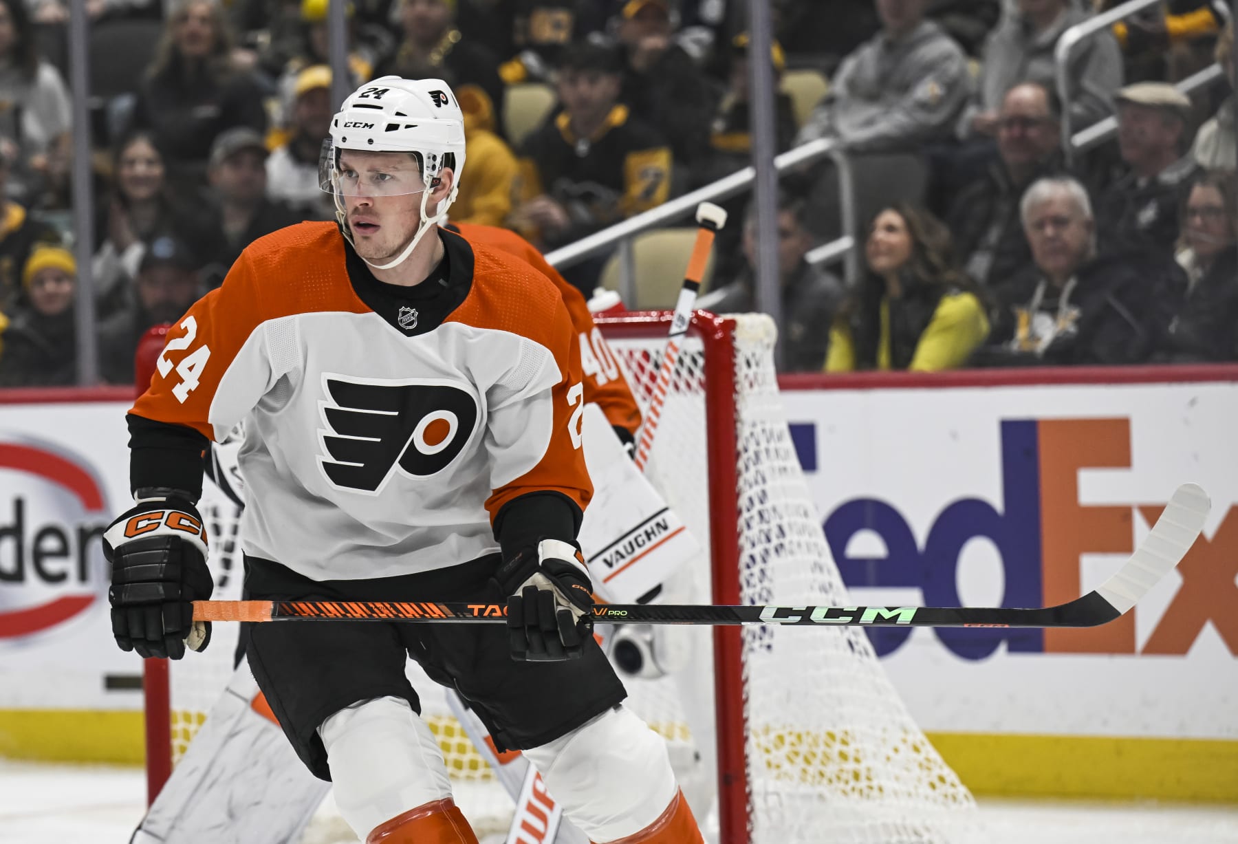 PITTSBURGH, PA - FEBRUARY 25: Philadelphia Flyers defenseman Nick Seeler (24) looks on during the first period in the NHL game between the Pittsburgh Penguins and the Philadelphia Flyers on February 25, 2024, at PPG Paints Arena in Pittsburgh, PA. (Photo by Jeanine Leech/Icon Sportswire via Getty Images)