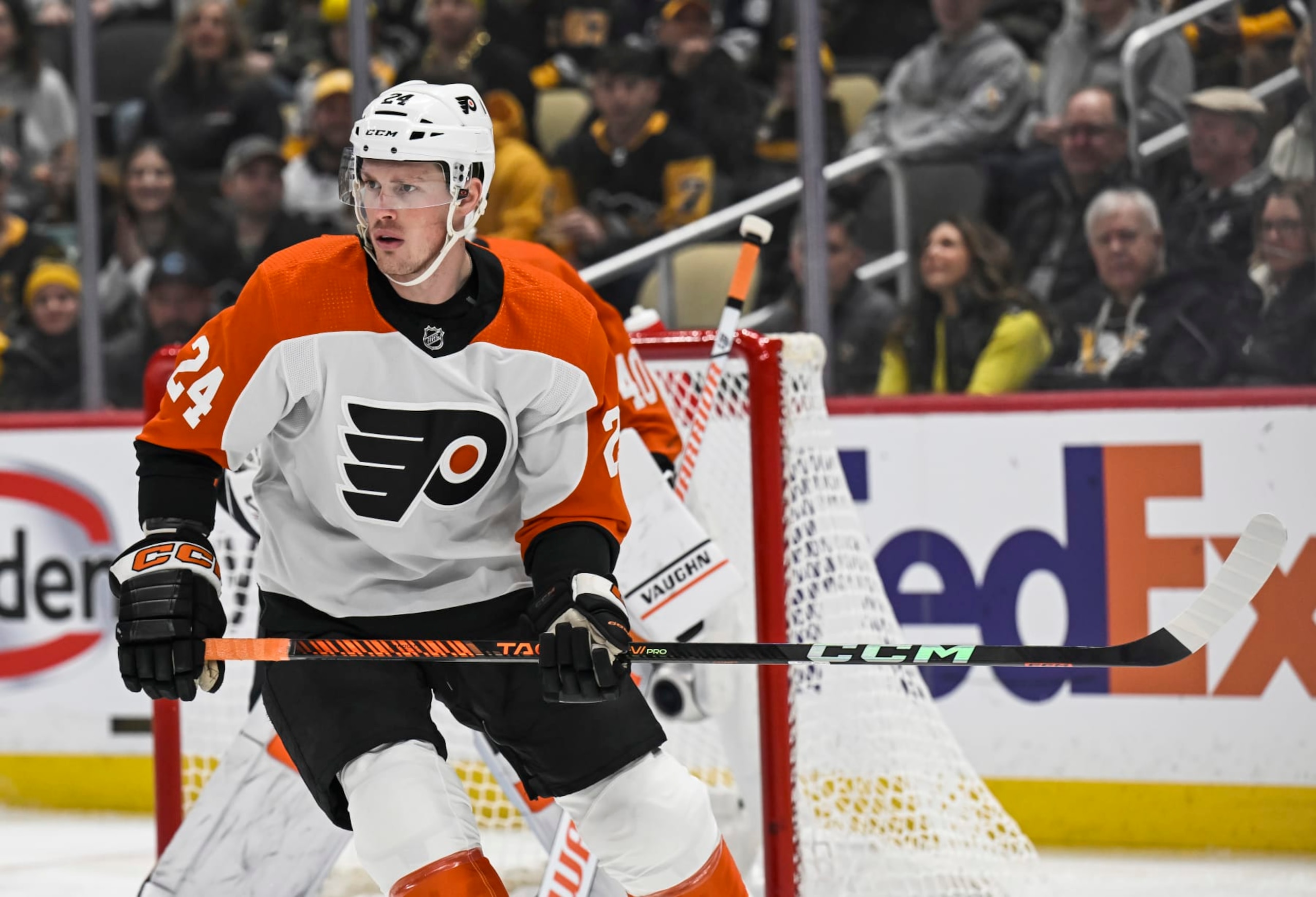 PITTSBURGH, PA - FEBRUARY 25: Philadelphia Flyers defenseman Nick Seeler (24) looks on during the first period in the NHL game between the Pittsburgh Penguins and the Philadelphia Flyers on February 25, 2024, at PPG Paints Arena in Pittsburgh, PA. (Photo by Jeanine Leech/Icon Sportswire via Getty Images)