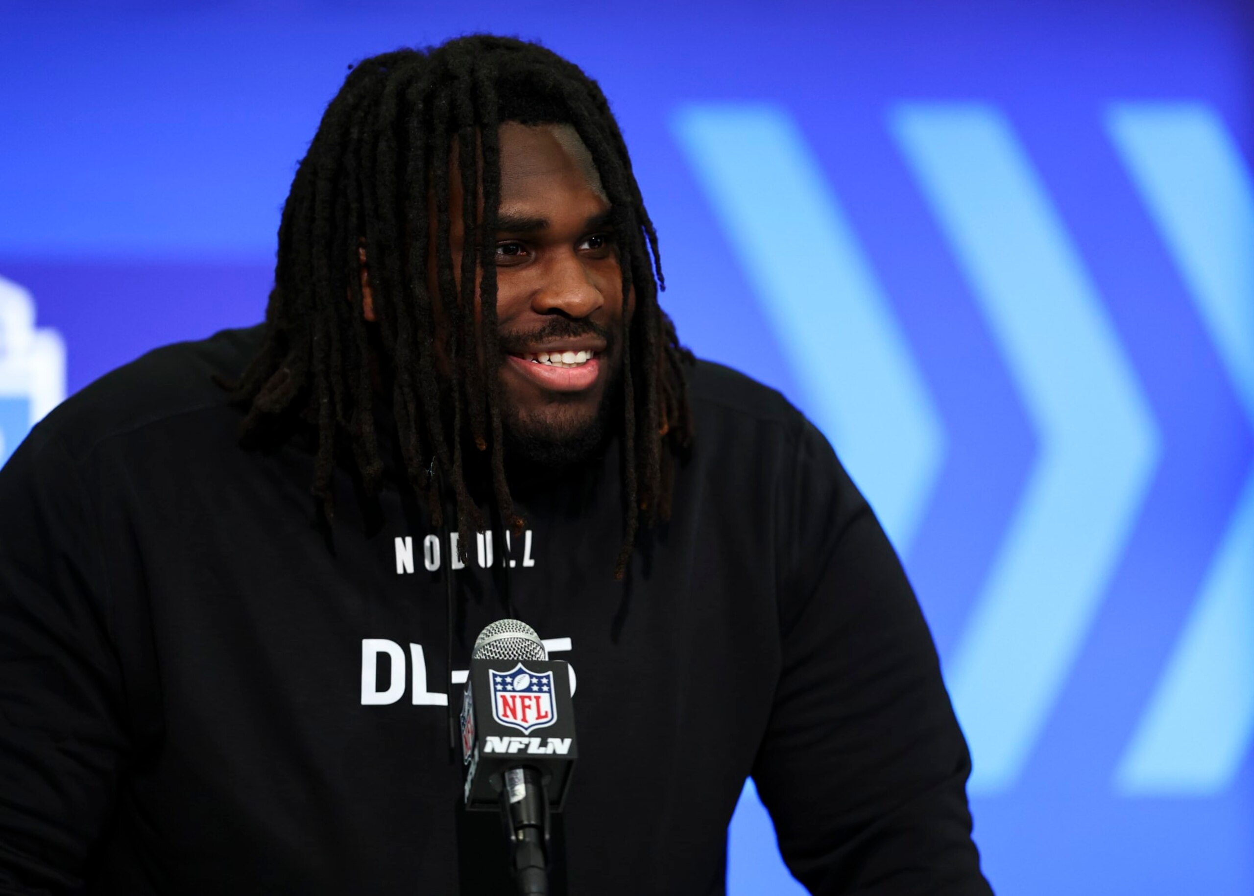INDIANAPOLIS, INDIANA - FEBRUARY 28: T'Vondre Sweat #DL25 of Texas speaks to the media during the NFL Combine at the Indiana Convention Center on February 28, 2024 in Indianapolis, Indiana. (Photo by Kevin Sabitus/Getty Images)
