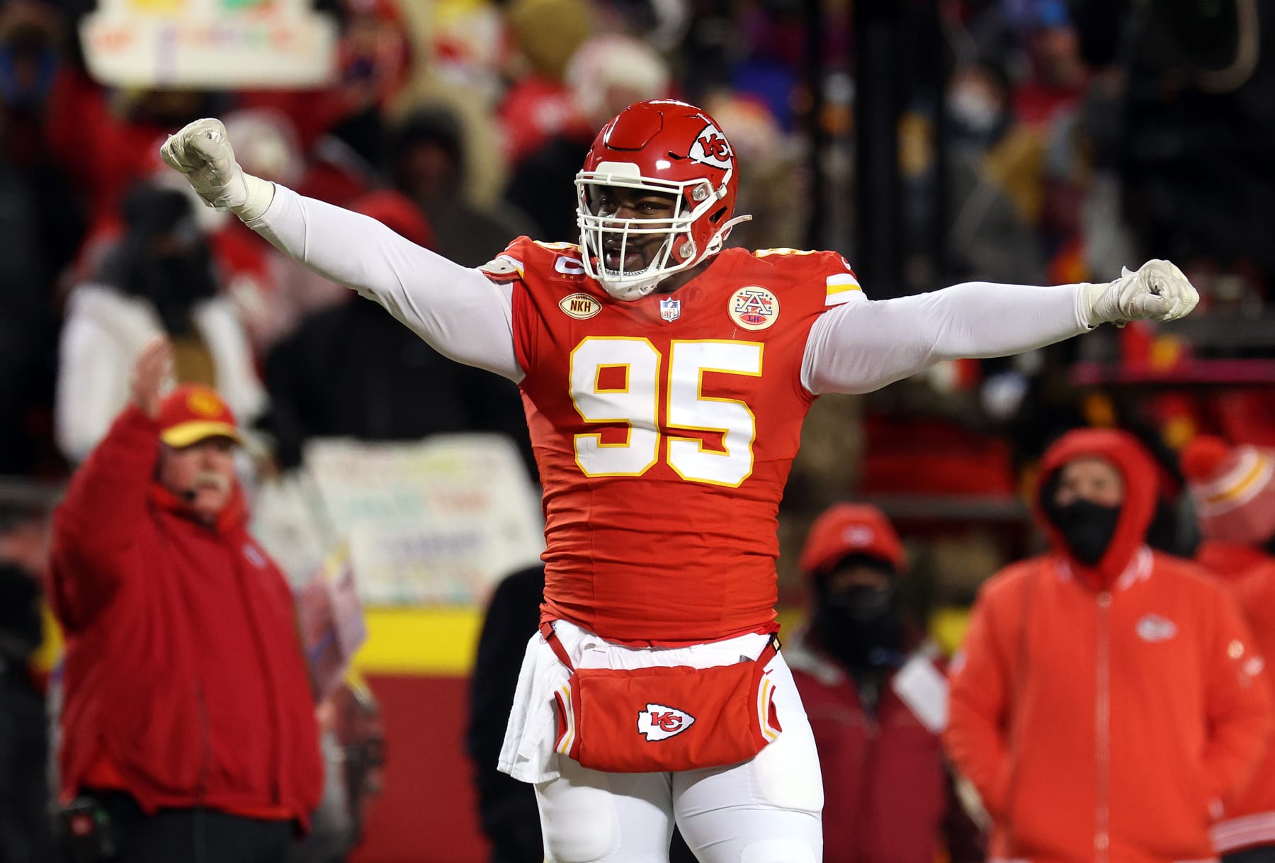 KANSAS CITY, MISSOURI - JANUARY 13:  Defensive tackle Chris Jones #95 of the Kansas City Chiefs celebrates during the AFC Wild Card Playoff game against the Miami Dolphins at GEHA Field at Arrowhead Stadium on January 13, 2024 in Kansas City, Missouri. (Photo by Jamie Squire/Getty Images)