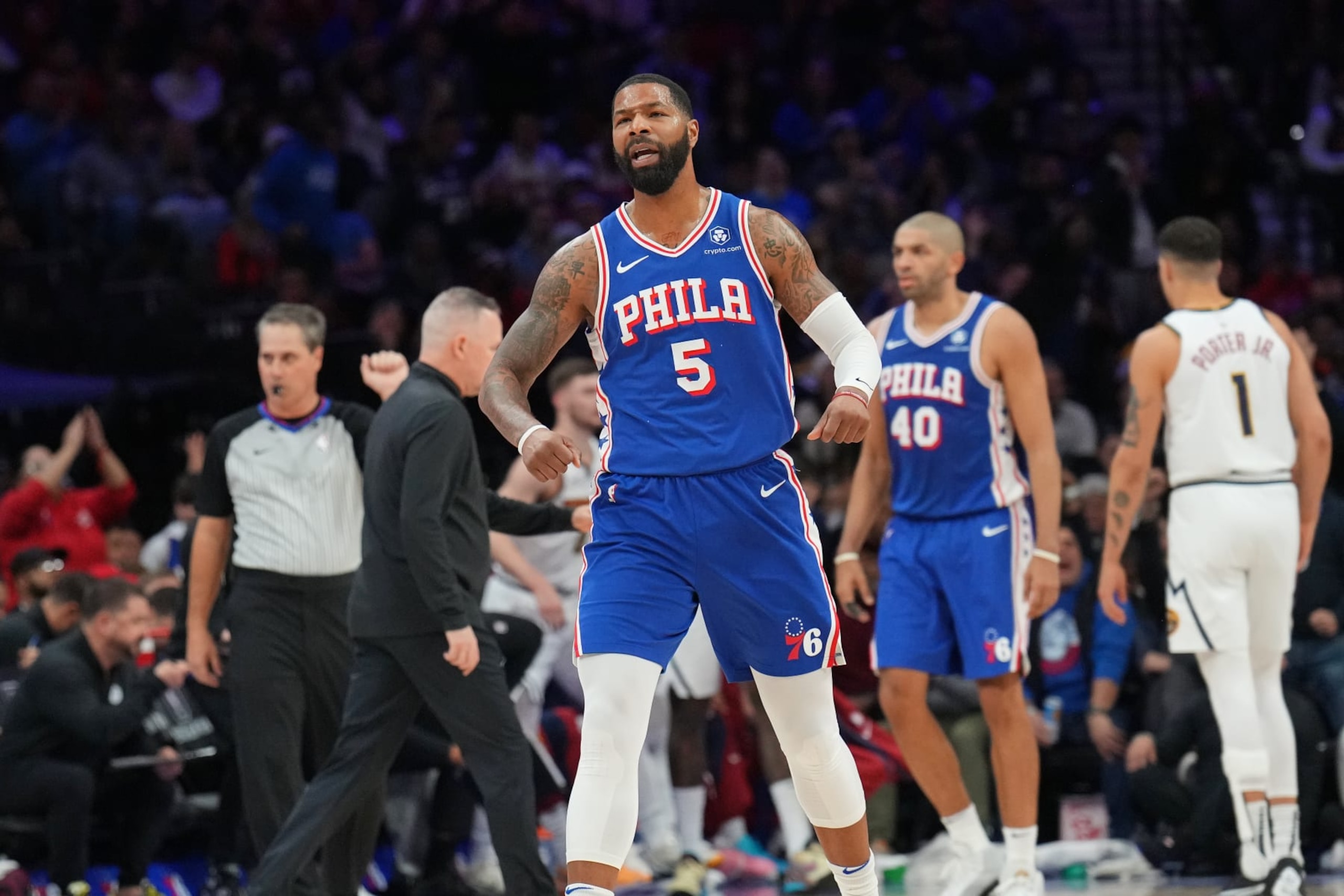PHILADELPHIA, PA - JANUARY 16:  Marcus Morris Sr. #5 of the Philadelphia 76ers reacts during the game against the Denver Nuggets on January 16, 2023 at the Wells Fargo Center in Philadelphia, Pennsylvania NOTE TO USER: User expressly acknowledges and agrees that, by downloading and/or using this Photograph, user is consenting to the terms and conditions of the Getty Images License Agreement. Mandatory Copyright Notice: Copyright 2024 NBAE (Photo by Jesse D. Garrabrant/NBAE via Getty Images)
