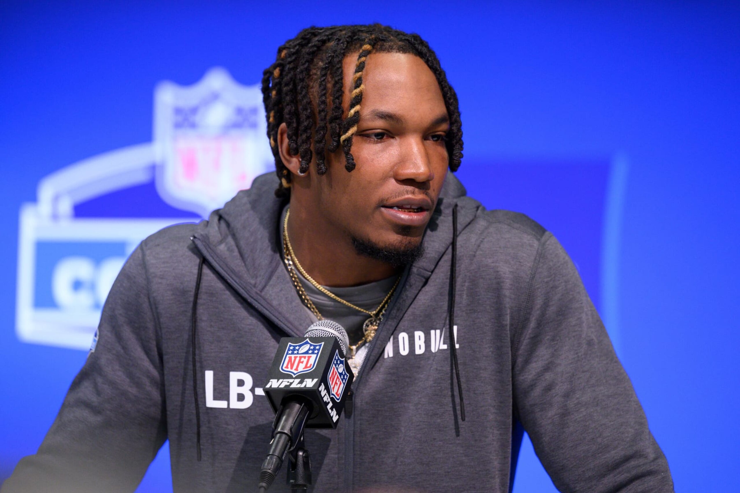 INDIANAPOLIS, IN - FEBRUARY 28: Temple linebacker Jordan Magee answers questions from the media during the NFL Scouting Combine on February 28, 2024, at the Indiana Convention Center in Indianapolis, IN. (Photo by Zach Bolinger/Icon Sportswire via Getty Images)