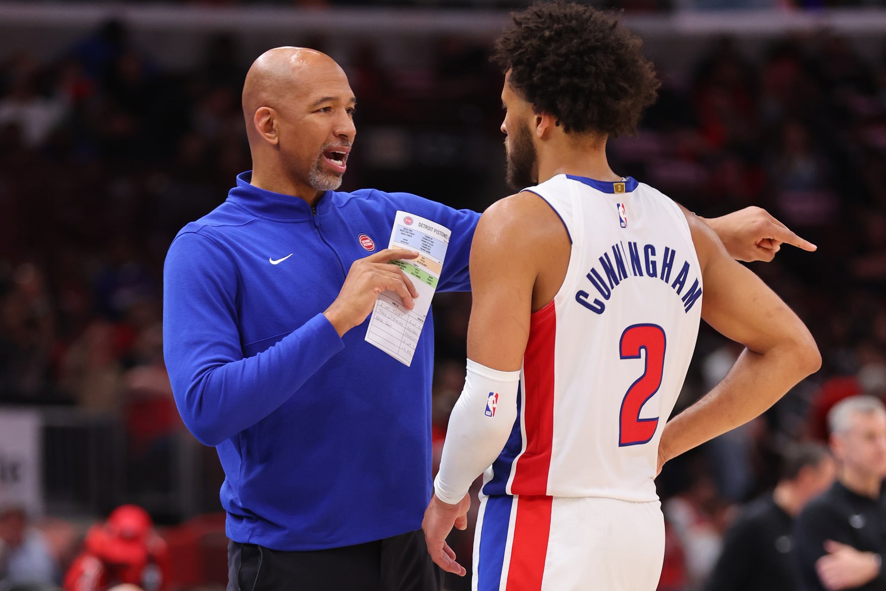 CHICAGO, ILLINOIS - FEBRUARY 27: Head coach Monty Williams of the Detroit Pistons talks with Cade Cunningham #2 against the Chicago Bulls during the second half at the United Center on February 27, 2024 in Chicago, Illinois. NOTE TO USER: User expressly acknowledges and agrees that, by downloading and or using this photograph, User is consenting to the terms and conditions of the Getty Images License Agreement. (Photo by Michael Reaves/Getty Images)