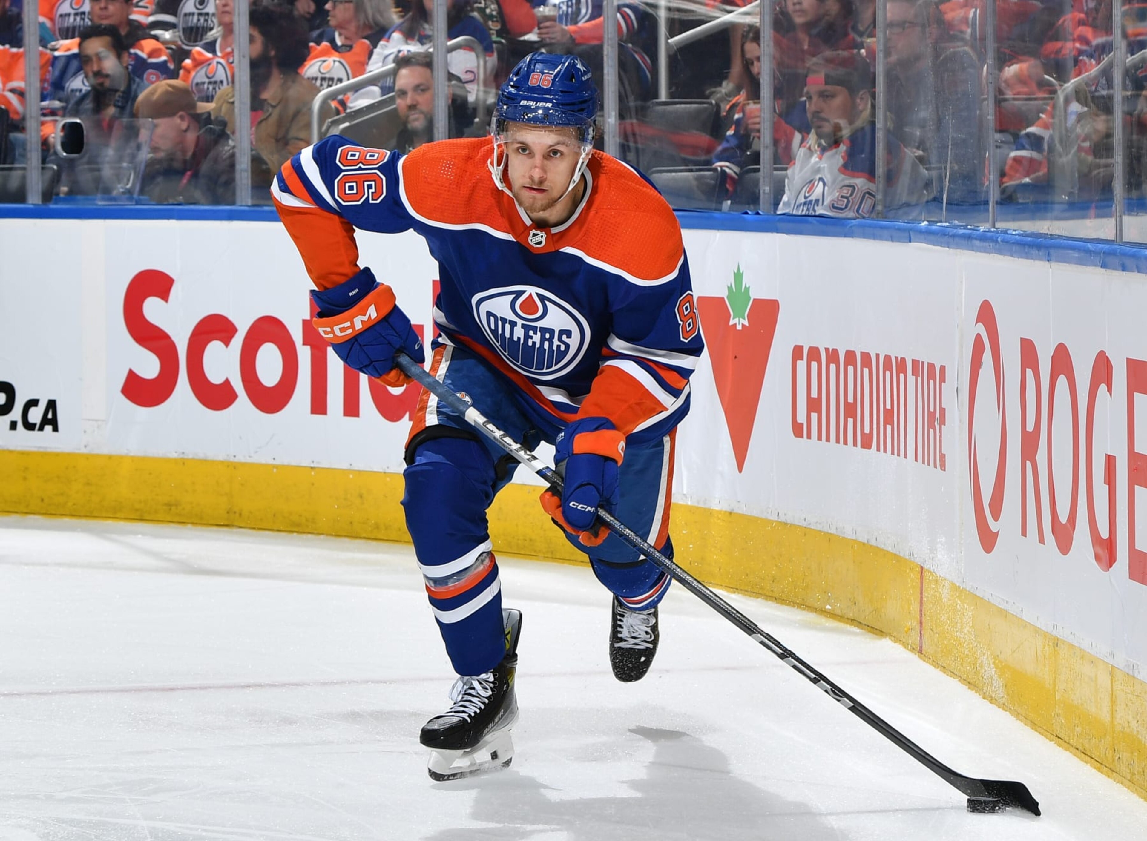 EDMONTON, CANADA - OCTOBER 14: Philip Broberg #86 of the Edmonton Oilers skates during the game against the Vancouver Canucks at Rogers Place on October 14, 2023, in Edmonton, Alberta, Canada. (Photo by Andy Devlin/NHLI via Getty Images)