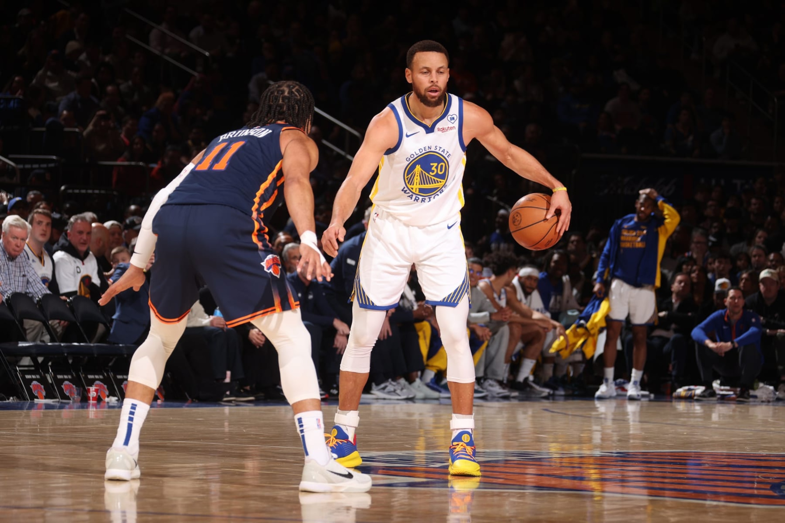 NEW YORK, NY - FEBRUARY 29: Stephen Curry #30 of the Golden State Warriors dribbles the ball during the game against the New York Knicks on January 29, 2024 at Madison Square Garden in New York City, New York. NOTE TO USER: User expressly acknowledges and agrees that, by downloading and or using this photograph, User is consenting to the terms and conditions of the Getty Images License Agreement. Mandatory Copyright Notice: Copyright 2024 NBAE (Photo by Nathaniel S. Butler/NBAE via Getty Images) NEW YORK, NY - FEBRUARY 29: Stephen Curry #30 of the Golden State Warriors dribbles the ball during the game against the New York Knicks on January 29, 2024 at Madison Square Garden in New York City, New York. NOTE TO USER: User expressly acknowledges and agrees that, by downloading and or using this photograph, User is consenting to the terms and conditions of the Getty Images License Agreement. Mandatory Copyright Notice: Copyright 2024 NBAE (Photo by Nathaniel S. Butler/NBAE via Getty Images)