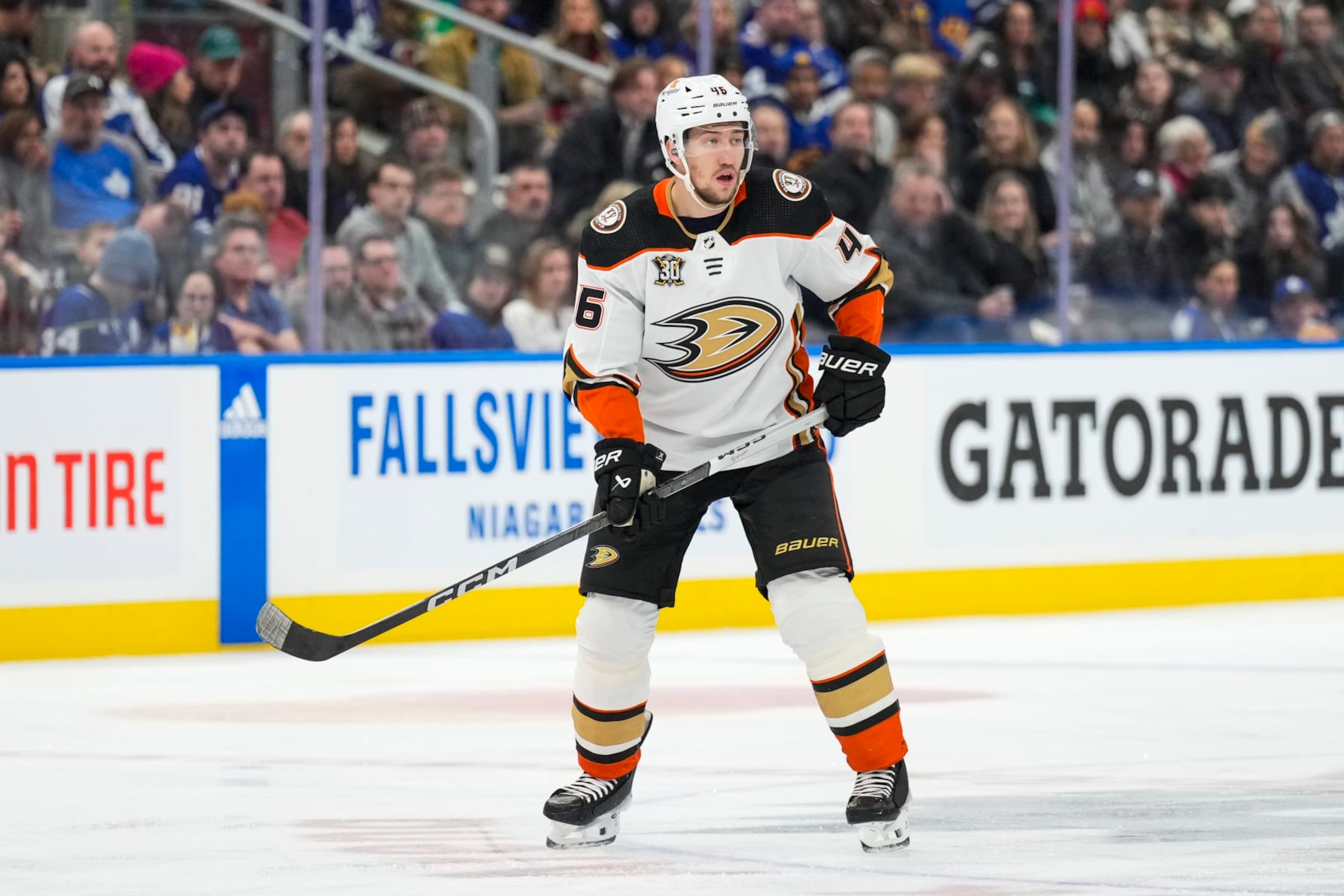 TORONTO, ON - FEBRUARY 17: Ilya Lyubushkin #46 of the Anaheim Ducks skates against the Toronto Maple Leafs during the first period at Scotiabank Arena on February 17, 2024 in Toronto, Ontario, Canada. (Photo by Kevin Sousa/NHLI via Getty Images) TORONTO, ON - FEBRUARY 17: Ilya Lyubushkin #46 of the Anaheim Ducks skates against the Toronto Maple Leafs during the first period at Scotiabank Arena on February 17, 2024 in Toronto, Ontario, Canada. (Photo by Kevin Sousa/NHLI via Getty Images)