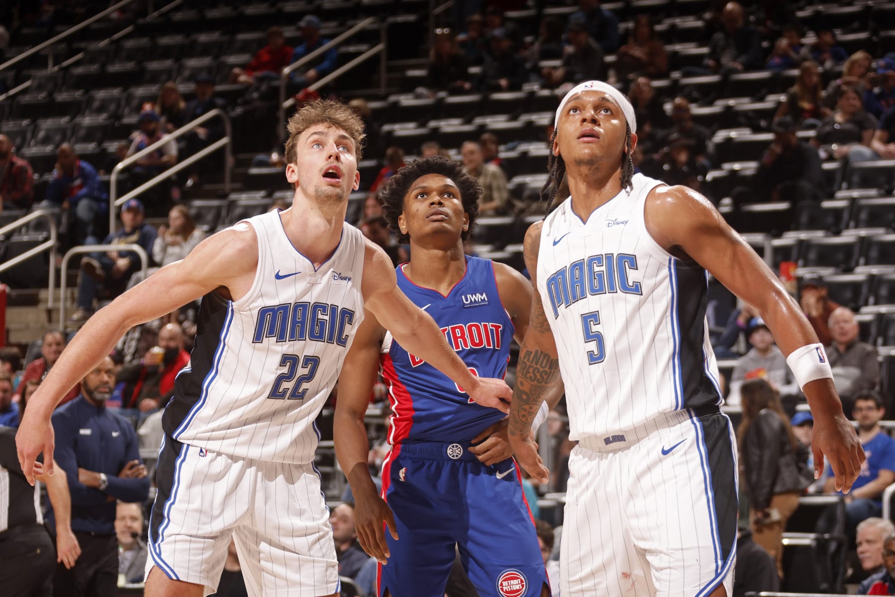 DETROIT, MI - FEBRUARY 4: Franz Wagner #22 and Paolo Banchero #5 of the Orlando Magic box out during the game against the Detroit Pistons on February 4, 2024 at Little Caesars Arena in Detroit, Michigan. NOTE TO USER: User expressly acknowledges and agrees that, by downloading and/or using this photograph, User is consenting to the terms and conditions of the Getty Images License Agreement. Mandatory Copyright Notice: Copyright 2024 NBAE (Photo by Brian Sevald/NBAE via Getty Images)