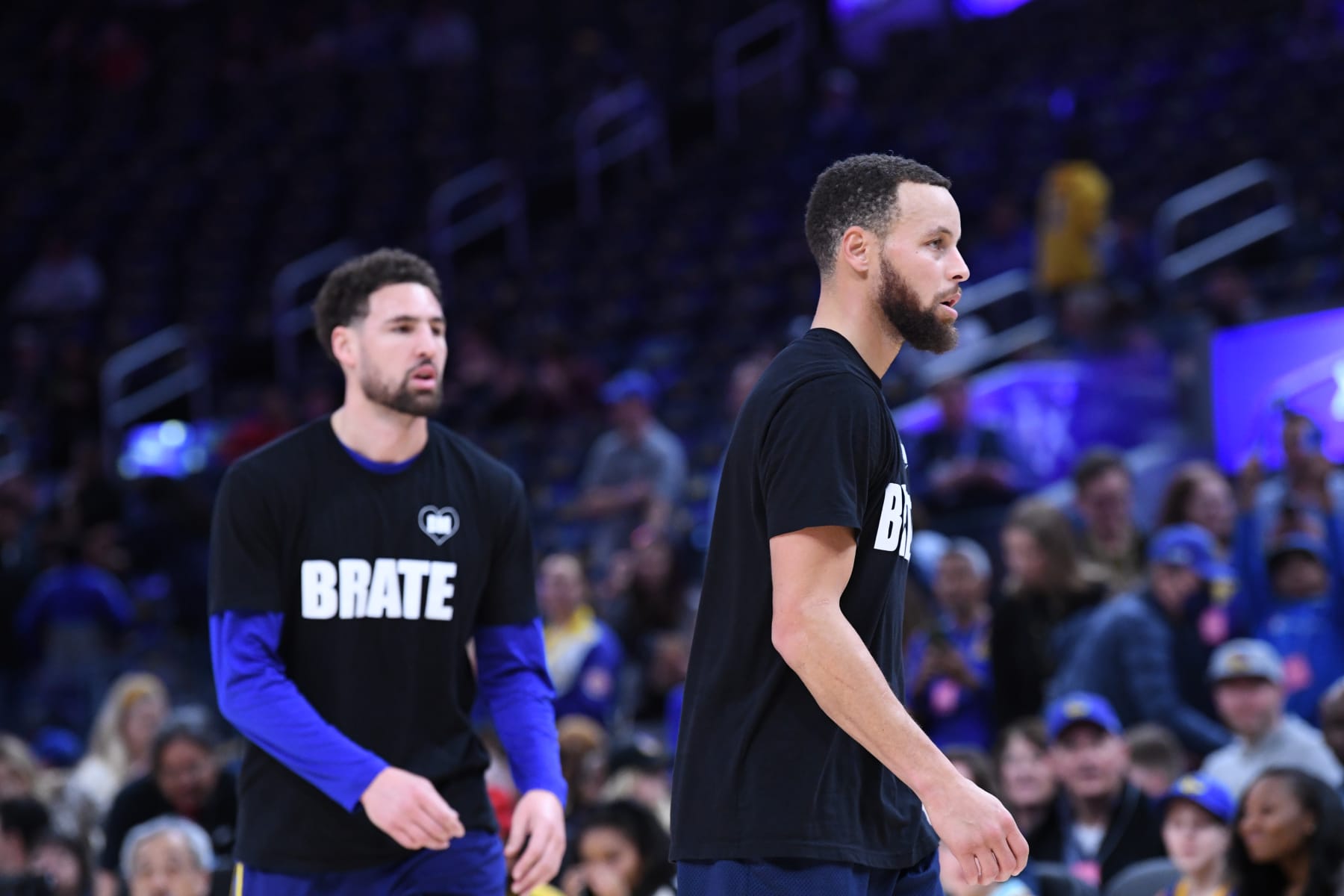 SAN FRANCISCO, CA - JANUARY 27: Klay Thompson #11 and Stephen Curry #30 of the Golden State Warriors warm up before the game against the Los Angeles Lakers on January 27, 2024 at Chase Center in San Francisco, California. NOTE TO USER: User expressly acknowledges and agrees that, by downloading and or using this photograph, user is consenting to the terms and conditions of Getty Images License Agreement. Mandatory Copyright Notice: Copyright 2024 NBAE (Photo by Noah Graham/NBAE via Getty Images)