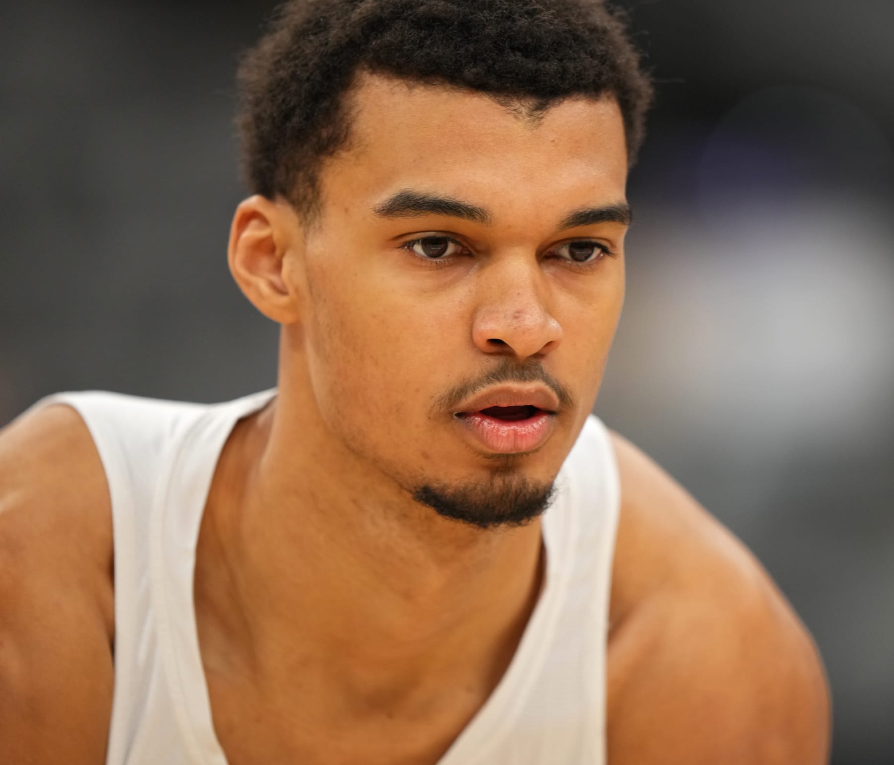 SAN ANTONIO, TX - FEBRUARY 29: Victor Wembanyama #1 of the San Antonio Spurs looks on before the game against the Oklahoma City Thunder on February 29, 2024 at the Frost Bank Center in San Antonio, Texas. NOTE TO USER: User expressly acknowledges and agrees that, by downloading and or using this photograph, user is consenting to the terms and conditions of the Getty Images License Agreement. Mandatory Copyright Notice: Copyright 2024 NBAE (Photos by Darren Carroll/NBAE via Getty Images)