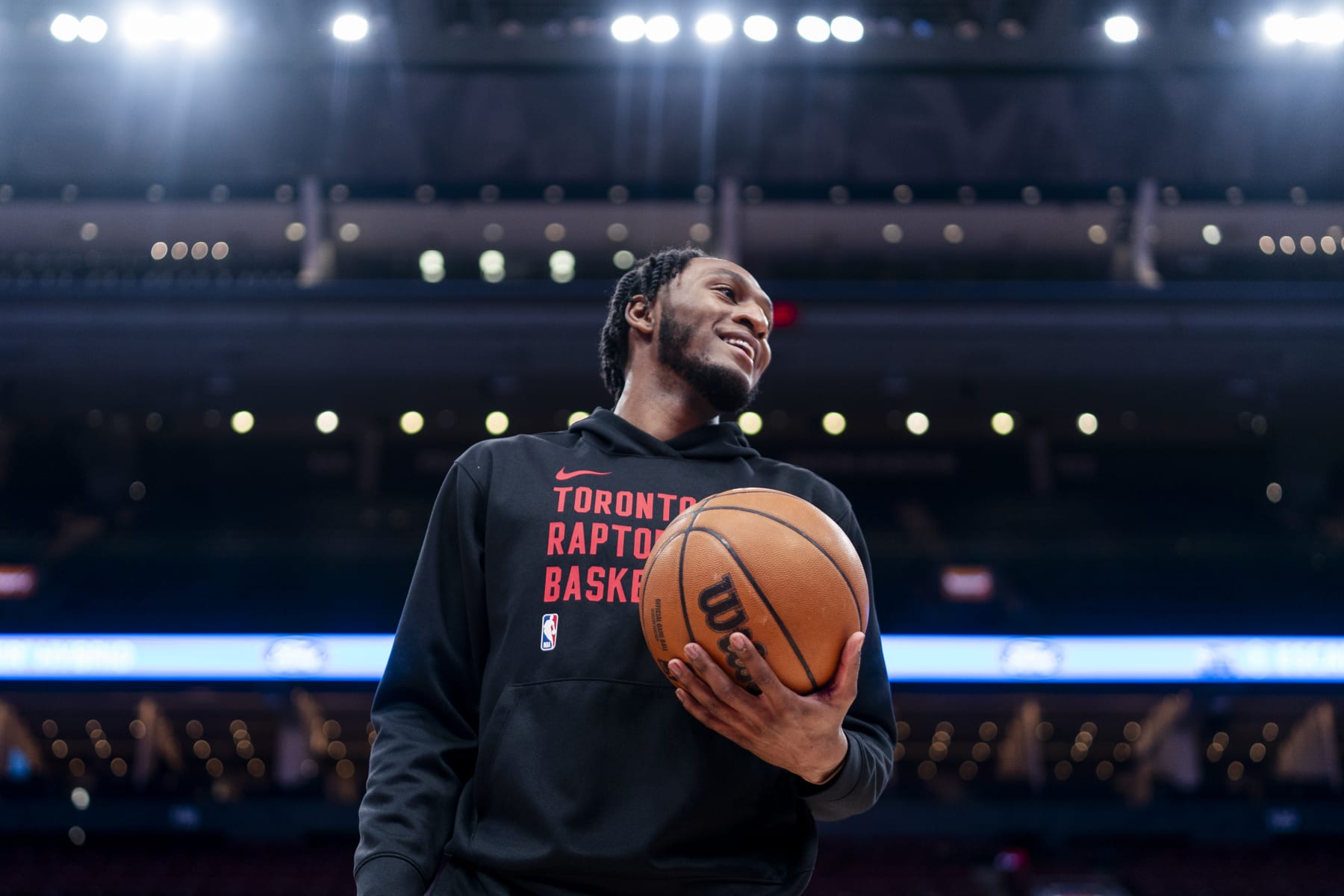 TORONTO, CANADA - FEBRUARY 28: Immanuel Quickley #5 of the Toronto Raptors smiles before the game against the Dallas Mavericks on February 28, 2024 at the Scotiabank Arena in Toronto, Ontario, Canada.  NOTE TO USER: User expressly acknowledges and agrees that, by downloading and or using this Photograph, user is consenting to the terms and conditions of the Getty Images License Agreement.  Mandatory Copyright Notice: Copyright 2024 NBAE (Photo by Mark Blinch/NBAE via Getty Images)