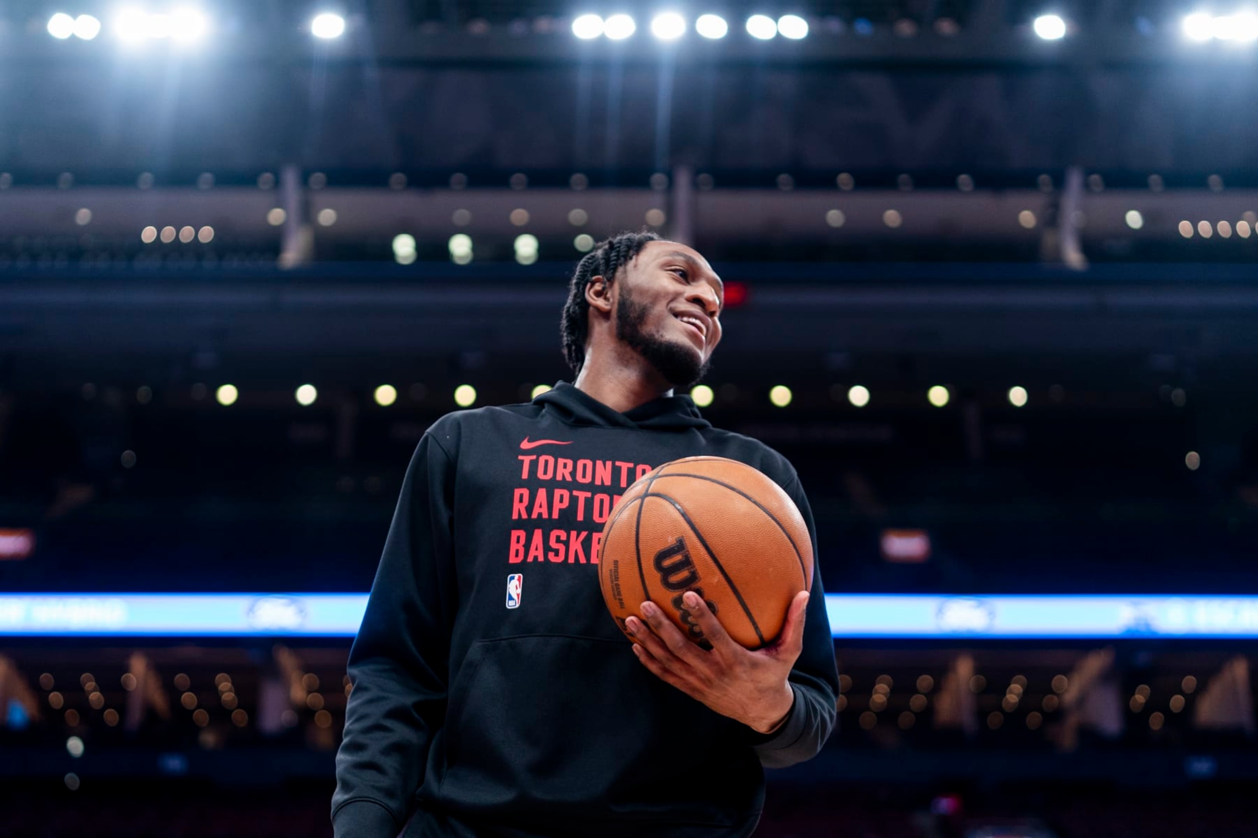TORONTO, CANADA - FEBRUARY 28: Immanuel Quickley #5 of the Toronto Raptors smiles before the game against the Dallas Mavericks on February 28, 2024 at the Scotiabank Arena in Toronto, Ontario, Canada.  NOTE TO USER: User expressly acknowledges and agrees that, by downloading and or using this Photograph, user is consenting to the terms and conditions of the Getty Images License Agreement.  Mandatory Copyright Notice: Copyright 2024 NBAE (Photo by Mark Blinch/NBAE via Getty Images)
