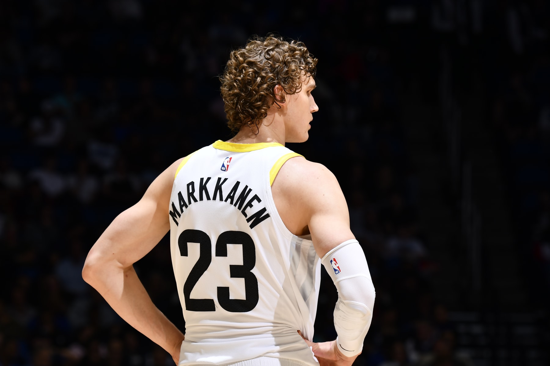 ORLANDO, FL - FEBRUARY 29: Lauri Markkanen #23 of the Utah Jazz looks on during the game against the Orlando Magic on February 29, 2024 at Amway Center in Orlando, Florida. NOTE TO USER: User expressly acknowledges and agrees that, by downloading and or using this photograph, User is consenting to the terms and conditions of the Getty Images License Agreement. Mandatory Copyright Notice: Copyright 2024 NBAE (Photo by Fernando Medina/NBAE via Getty Images)