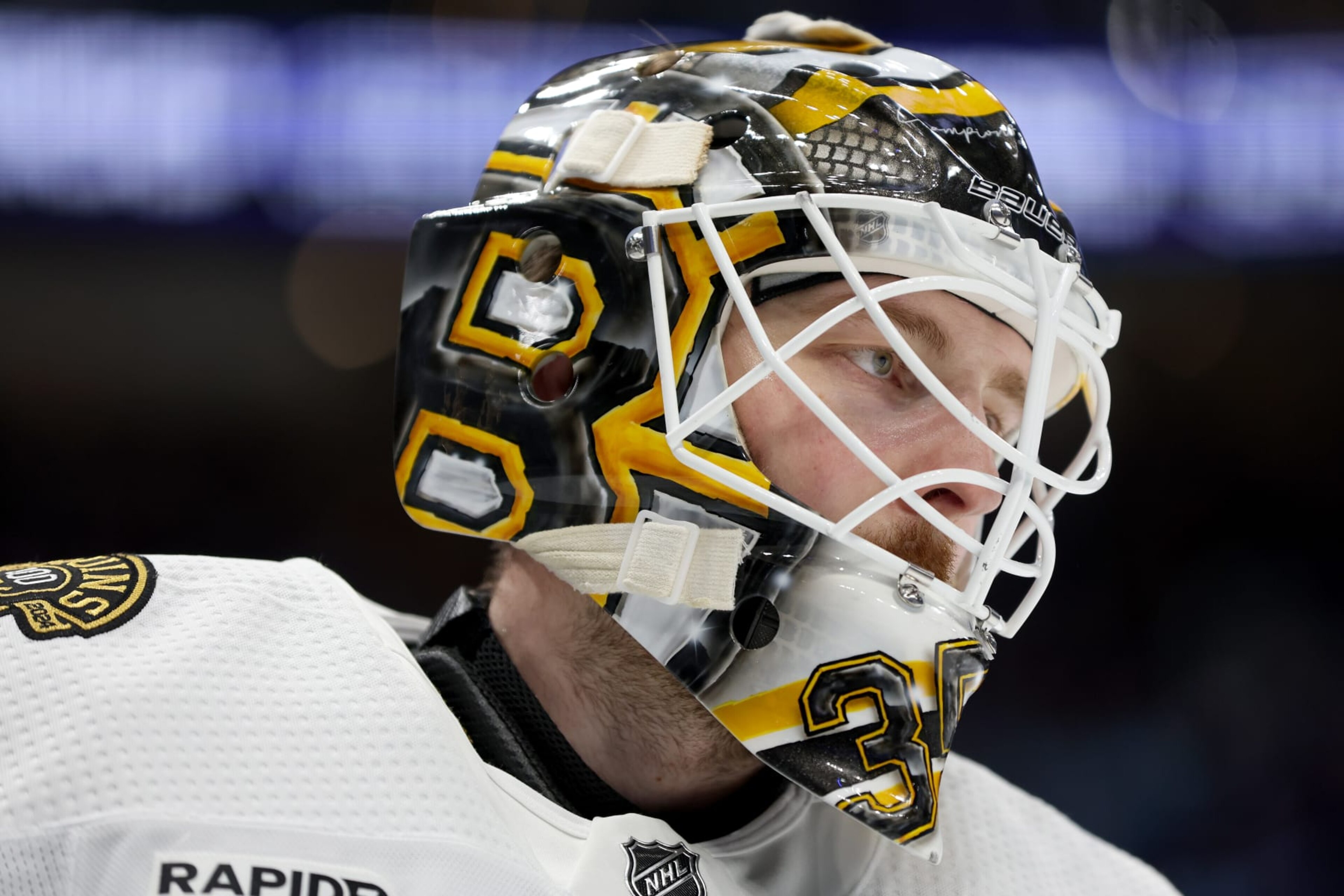 SEATTLE, WASHINGTON - FEBRUARY 26: Linus Ullmark #35 of the Boston Bruins looks on during the second period against the Seattle Kraken at Climate Pledge Arena on February 26, 2024 in Seattle, Washington. (Photo by Steph Chambers/Getty Images) SEATTLE, WASHINGTON - FEBRUARY 26: Linus Ullmark #35 of the Boston Bruins looks on during the second period against the Seattle Kraken at Climate Pledge Arena on February 26, 2024 in Seattle, Washington. (Photo by Steph Chambers/Getty Images)