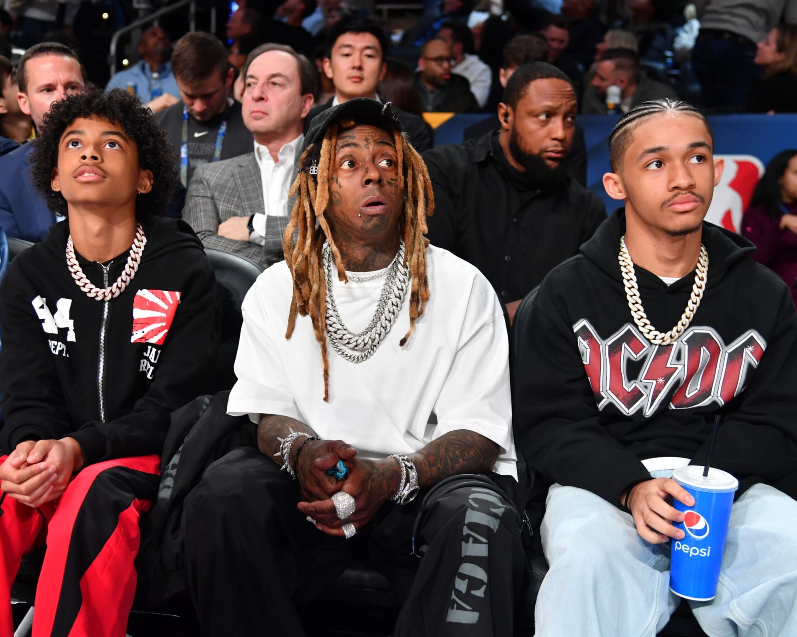 INDIANAPOLIS, IN - FEBRUARY 18: Lil Wayne attends the NBA All-Star Game as part of NBA All-Star Weekend on Sunday, February 18, 2024 at Gainbridge Fieldhouse in Indianapolis, Indiana. NOTE TO USER: User expressly acknowledges and agrees that, by downloading and/or using this Photograph, user is consenting to the terms and conditions of the Getty Images License Agreement. Mandatory Copyright Notice: Copyright 2024 NBAE (Photo by Juan Ocampo/NBAE via Getty Images)