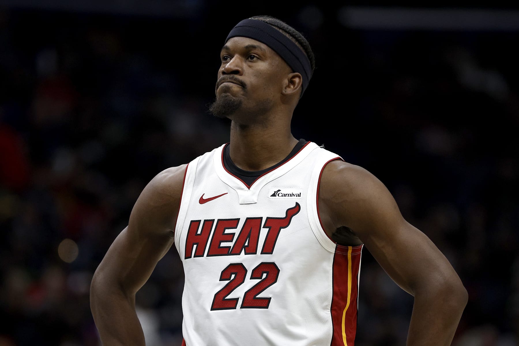 NEW ORLEANS, LOUISIANA - FEBRUARY 23: Jimmy Butler #22 of the Miami Heat stands on the court during the fourth quarter of an NBA game against the New Orleans Pelicans at Smoothie King Center on February 23, 2024 in New Orleans, Louisiana. NOTE TO USER: User expressly acknowledges and agrees that, by downloading and or using this photograph, User is consenting to the terms and conditions of the Getty Images License Agreement. (Photo by Sean Gardner/Getty Images)