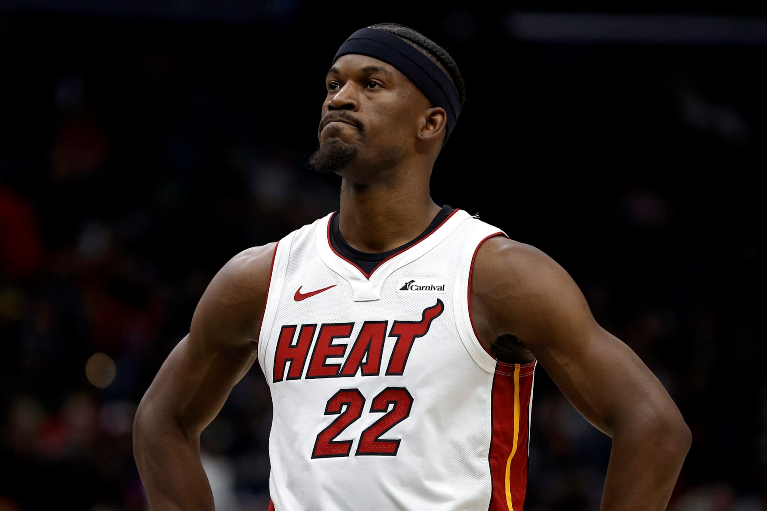NEW ORLEANS, LOUISIANA - FEBRUARY 23: Jimmy Butler #22 of the Miami Heat stands on the court during the fourth quarter of an NBA game against the New Orleans Pelicans at Smoothie King Center on February 23, 2024 in New Orleans, Louisiana. NOTE TO USER: User expressly acknowledges and agrees that, by downloading and or using this photograph, User is consenting to the terms and conditions of the Getty Images License Agreement. (Photo by Sean Gardner/Getty Images)
