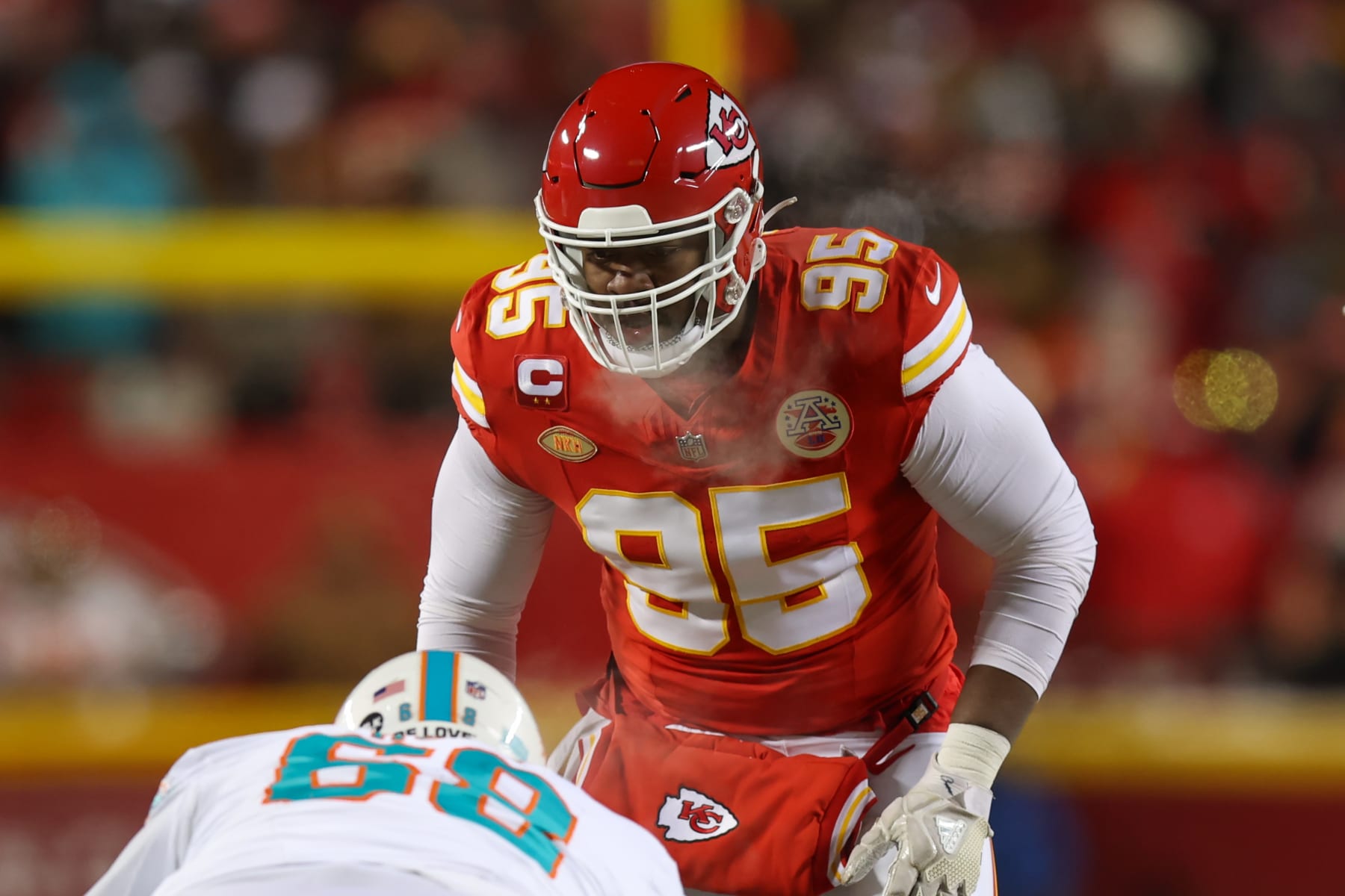 KANSAS CITY, MO - JANUARY 13: Kansas City Chiefs defensive tackle Chris Jones (95) before the snap in the first quarter of an AFC Wild Card playoff game between the Miami Dolphins and Kansas City Chiefs on Jan 13, 2024 at GEHA Field at Arrowhead Stadium in Kansas City, MO. (Photo by Scott Winters/Icon Sportswire via Getty Images)