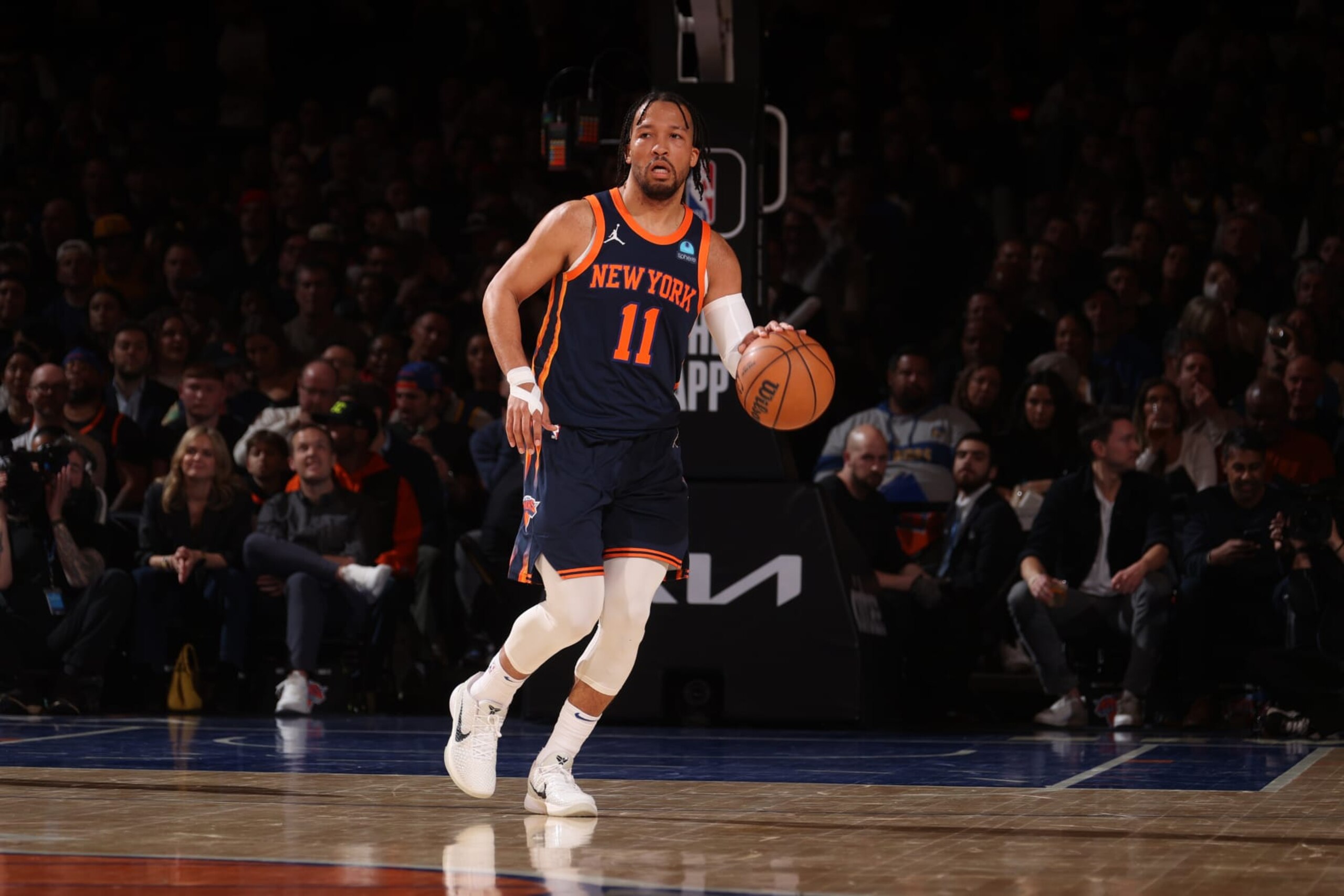 NEW YORK, NY - FEBRUARY 29: Jalen Brunson #11 of the New York Knicks dribbles the ball during the game against the Golden State Warriors on January 29, 2024 at Madison Square Garden in New York City, New York. NOTE TO USER: User expressly acknowledges and agrees that, by downloading and or using this photograph, User is consenting to the terms and conditions of the Getty Images License Agreement. Mandatory Copyright Notice: Copyright 2024 NBAE (Photo by Nathaniel S. Butler/NBAE via Getty Images) NEW YORK, NY - FEBRUARY 29: Jalen Brunson #11 of the New York Knicks dribbles the ball during the game against the Golden State Warriors on January 29, 2024 at Madison Square Garden in New York City, New York. NOTE TO USER: User expressly acknowledges and agrees that, by downloading and or using this photograph, User is consenting to the terms and conditions of the Getty Images License Agreement. Mandatory Copyright Notice: Copyright 2024 NBAE (Photo by Nathaniel S. Butler/NBAE via Getty Images)