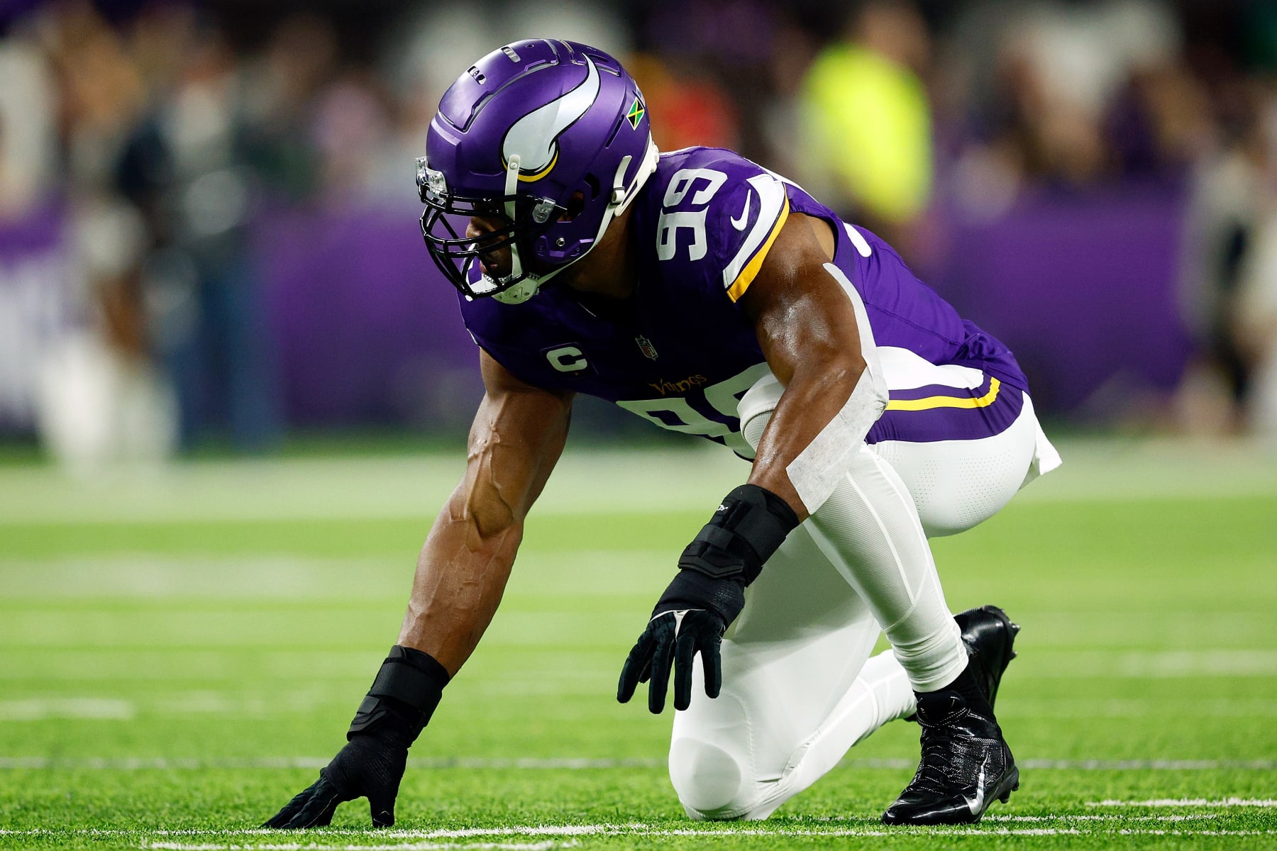 MINNEAPOLIS, MINNESOTA - DECEMBER 31: Danielle Hunter #99 of the Minnesota Vikings readies for play against the Green Bay Packers in the first half at U.S. Bank Stadium on December 31, 2023 in Minneapolis, Minnesota. The Packers defeated the Vikings 33-10.  (Photo by David Berding/Getty Images)
