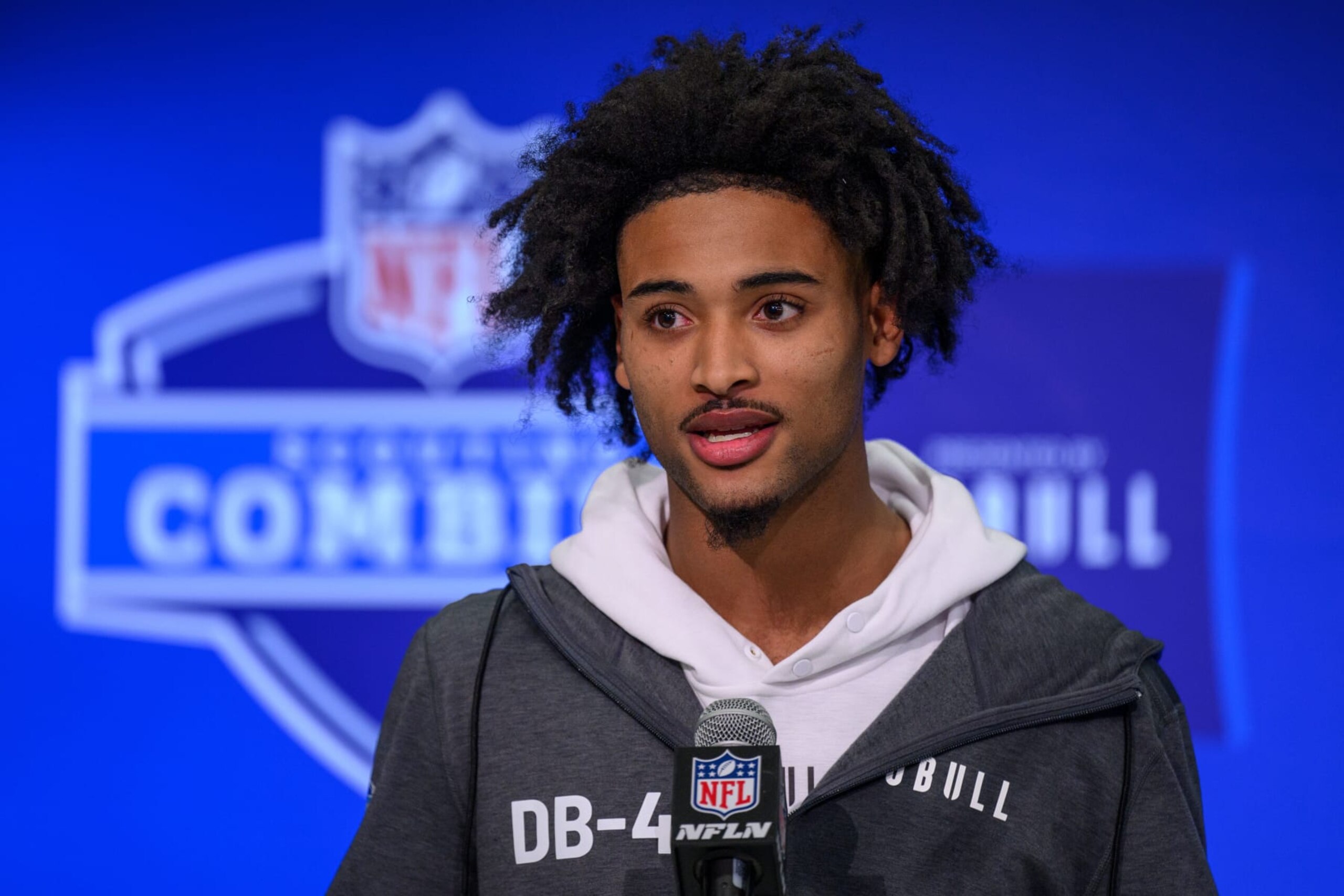 INDIANAPOLIS, IN - FEBRUARY 29: Clemson defensive back Nate Wiggins answers questions from the media during the NFL Scouting Combine on February 29, 2024, at the Indiana Convention Center in Indianapolis, IN. (Photo by Zach Bolinger/Icon Sportswire via Getty Images) INDIANAPOLIS, IN - FEBRUARY 29: Clemson defensive back Nate Wiggins answers questions from the media during the NFL Scouting Combine on February 29, 2024, at the Indiana Convention Center in Indianapolis, IN. (Photo by Zach Bolinger/Icon Sportswire via Getty Images)