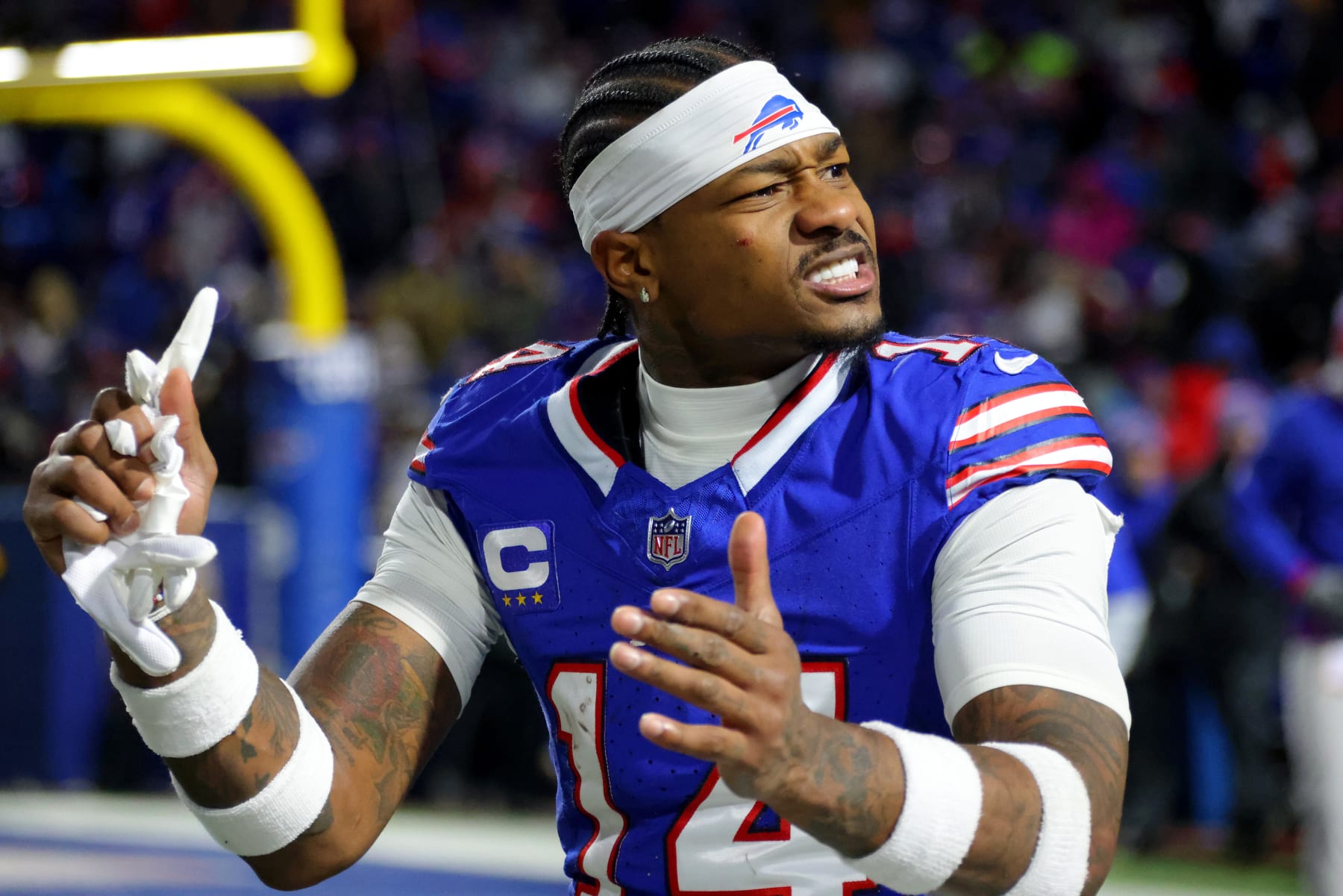 ORCHARD PARK, NEW YORK - JANUARY 21: Stefon Diggs #14 of the Buffalo Bills reacts against the Kansas City Chiefs during the third quarter in the AFC Divisional Playoff game at Highmark Stadium on January 21, 2024 in Orchard Park, New York. (Photo by Timothy T Ludwig/Getty Images)