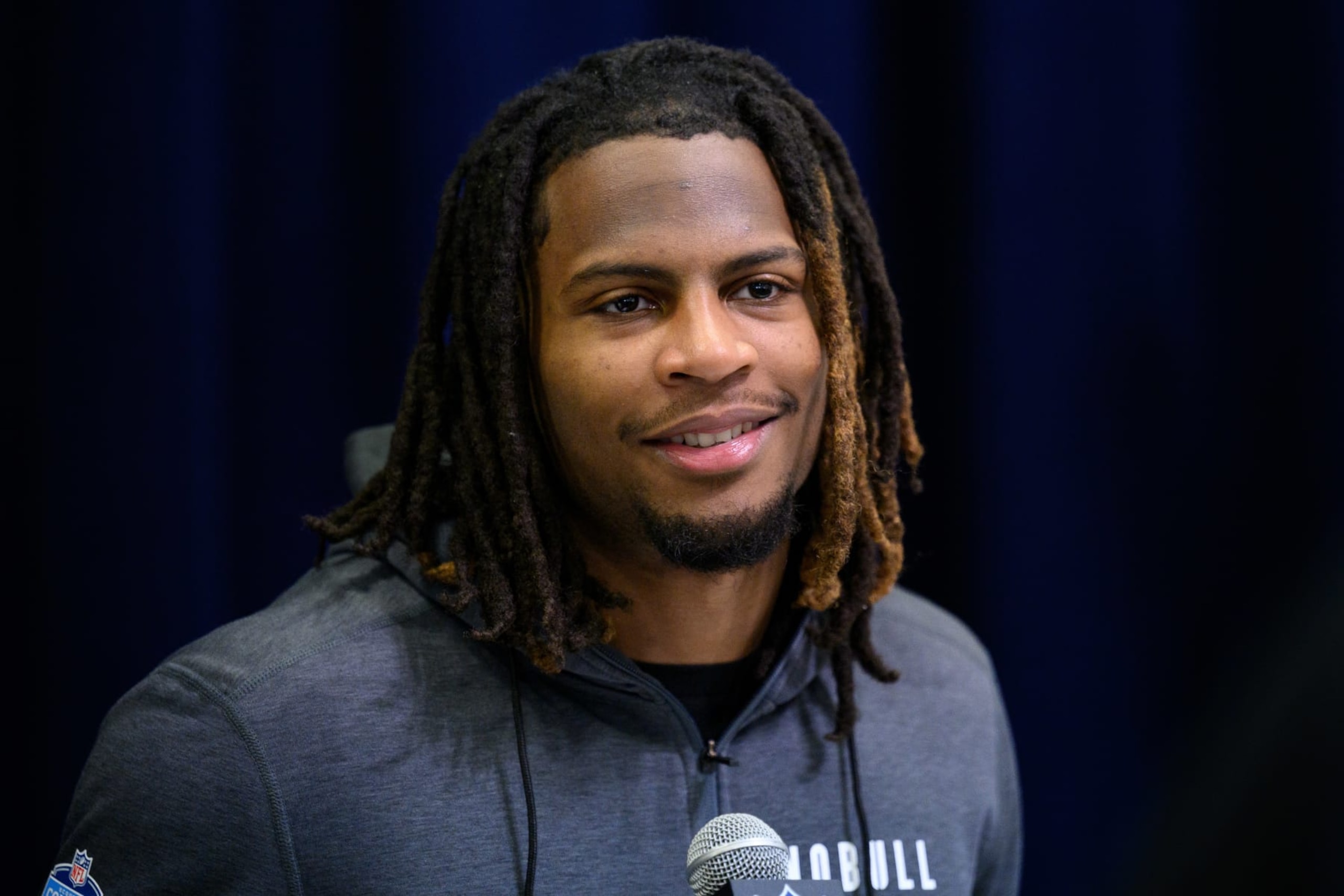 INDIANAPOLIS, IN - FEBRUARY 29: Texas Tech defensive back Tyler Owens answers questions from the media during the NFL Scouting Combine on February 29, 2024, at the Indiana Convention Center in Indianapolis, IN. (Photo by Zach Bolinger/Icon Sportswire via Getty Images)