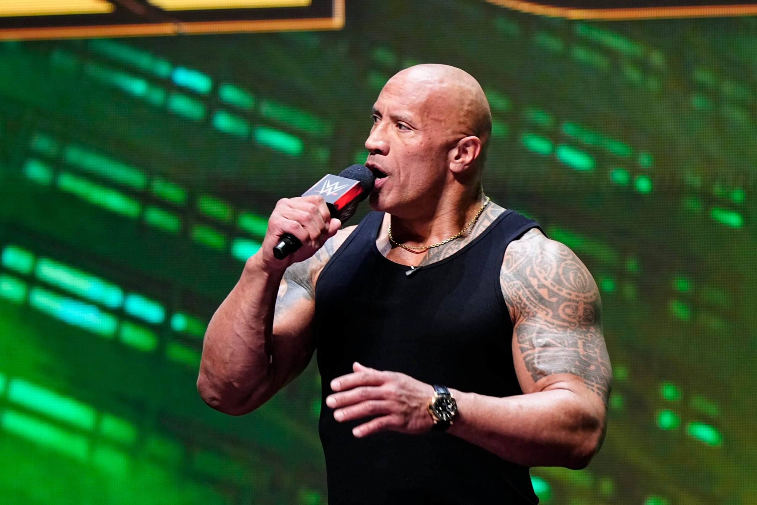 LAS VEGAS, NV - FEBRUARY 08: Dwayne "The Rock" Johnson, Ten-Time WWE World Champion during the WWE Wrestlemania XL Kickoff on February 08, 2024, at T-Mobile Arena in Las Vegas, NV. (Photo by Louis Grasse/PXimages/Icon Sportswire via Getty Images) LAS VEGAS, NV - FEBRUARY 08: Dwayne "The Rock" Johnson, Ten-Time WWE World Champion during the WWE Wrestlemania XL Kickoff on February 08, 2024, at T-Mobile Arena in Las Vegas, NV. (Photo by Louis Grasse/PXimages/Icon Sportswire via Getty Images)