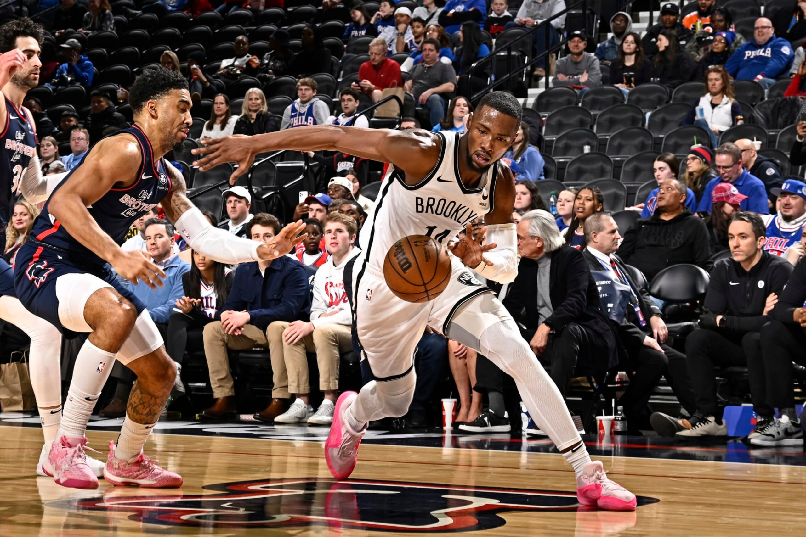 PHILADELPHIA, PA - FEBRUARY 3: Harry Giles III #14 of the Brooklyn Nets handles the ball during the game against the Philadelphia 76ers on February 3, 2024 at the Wells Fargo Center in Philadelphia, Pennsylvania NOTE TO USER: User expressly acknowledges and agrees that, by downloading and/or using this Photograph, user is consenting to the terms and conditions of the Getty Images License Agreement. Mandatory Copyright Notice: Copyright 2024 NBAE (Photo by David Dow/NBAE via Getty Images) PHILADELPHIA, PA - FEBRUARY 3: Harry Giles III #14 of the Brooklyn Nets handles the ball during the game against the Philadelphia 76ers on February 3, 2024 at the Wells Fargo Center in Philadelphia, Pennsylvania NOTE TO USER: User expressly acknowledges and agrees that, by downloading and/or using this Photograph, user is consenting to the terms and conditions of the Getty Images License Agreement. Mandatory Copyright Notice: Copyright 2024 NBAE (Photo by David Dow/NBAE via Getty Images)