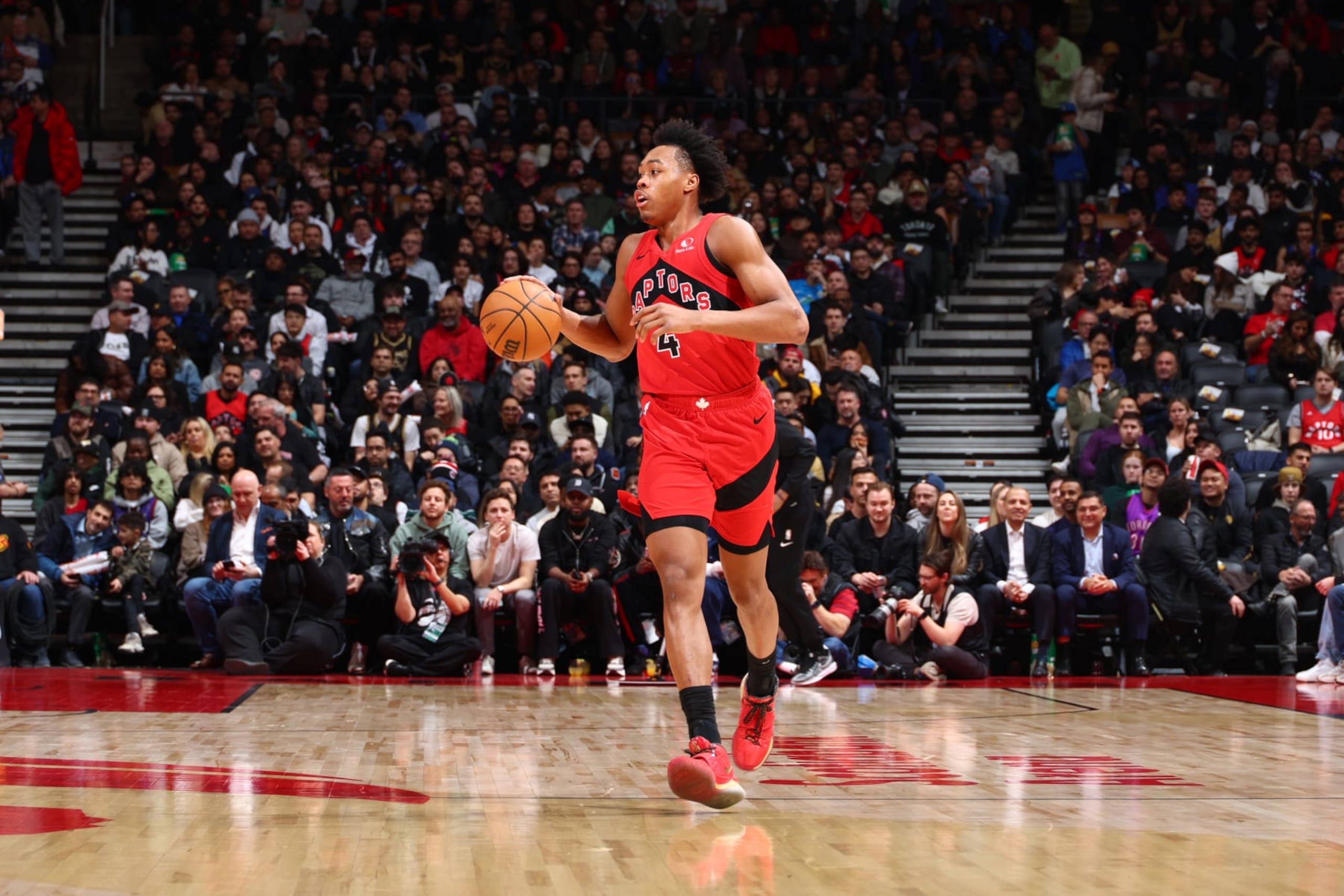 TORONTO, CANADA - FEBRUARY 28: Scottie Barnes #4 of the Toronto Raptors dribbles the ball during the game against the Dallas Mavericks on February 28, 2024 at the Scotiabank Arena in Toronto, Ontario, Canada. NOTE TO USER: User expressly acknowledges and agrees that, by downloading and or using this Photograph, user is consenting to the terms and conditions of the Getty Images License Agreement. Mandatory Copyright Notice: Copyright 2024 NBAE (Photo by Vaughn Ridley/NBAE via Getty Images) TORONTO, CANADA - FEBRUARY 28: Scottie Barnes #4 of the Toronto Raptors dribbles the ball during the game against the Dallas Mavericks on February 28, 2024 at the Scotiabank Arena in Toronto, Ontario, Canada. NOTE TO USER: User expressly acknowledges and agrees that, by downloading and or using this Photograph, user is consenting to the terms and conditions of the Getty Images License Agreement. Mandatory Copyright Notice: Copyright 2024 NBAE (Photo by Vaughn Ridley/NBAE via Getty Images)