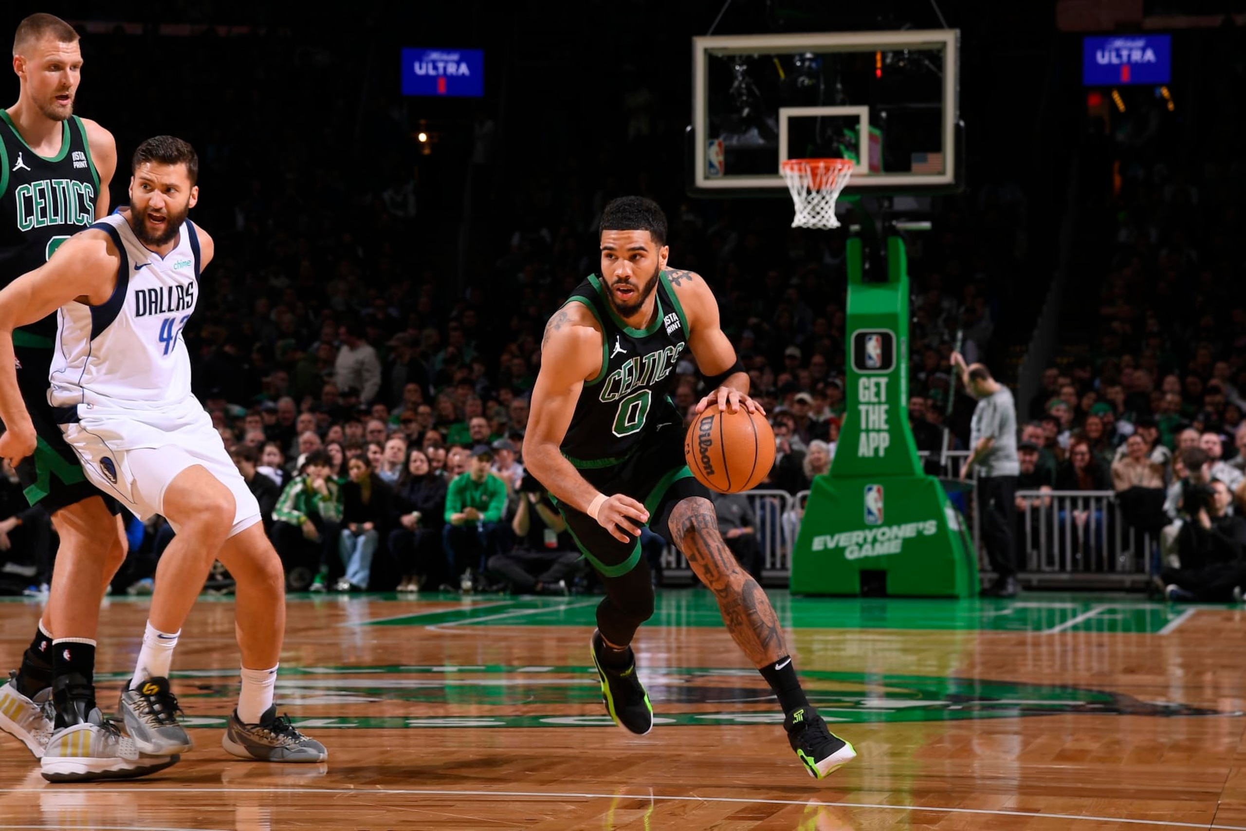 BOSTON, MA - MARCH 1: Jayson Tatum #0 of the Boston Celtics dribbles the ball during the game against the Dallas Mavericks on March 1, 2024 at the TD Garden in Boston, Massachusetts. NOTE TO USER: User expressly acknowledges and agrees that, by downloading and or using this photograph, User is consenting to the terms and conditions of the Getty Images License Agreement. Mandatory Copyright Notice: Copyright 2024 NBAE  (Photo by Brian Babineau/NBAE via Getty Images)
