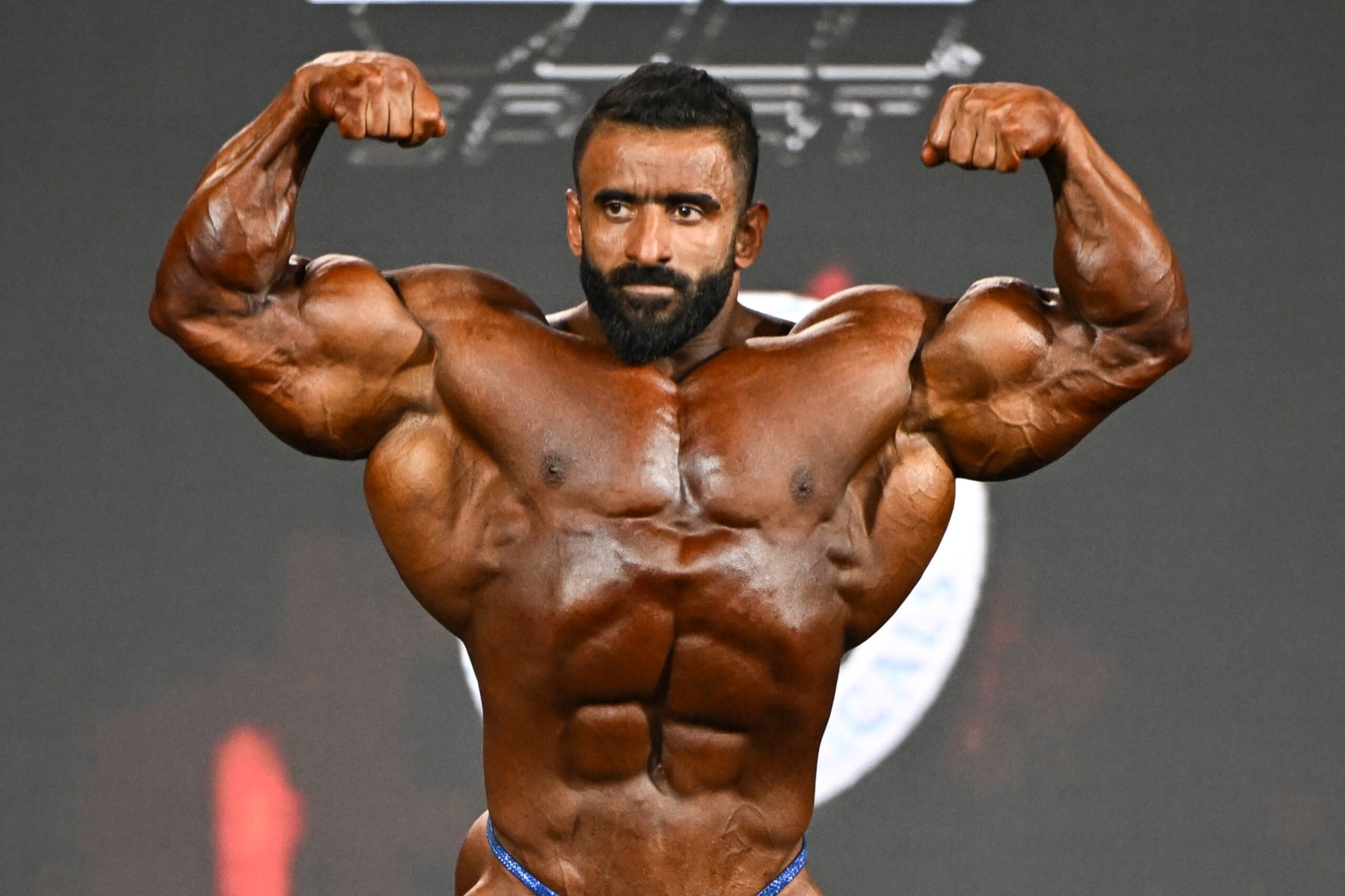 LAS VEGAS, NEVADA - DECEMBER 16, 2022: Hadi Choopan competes in the Mr. Olympia event during the Olympia Fitness & Performance weekend at Planet Hollywood Resort and Casino on December 16, 2022 in Las Vegas, Nevada. (Photo by Chris Bernacchi/Diamond Images via Getty Images)
