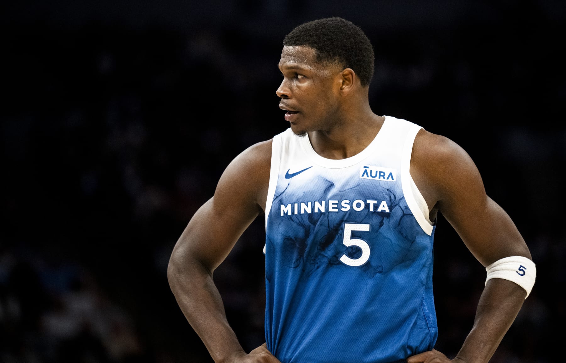 MINNEAPOLIS, MINNESOTA - FEBRUARY 28: Anthony Edwards #5 of the Minnesota Timberwolves reacts after a play in the third quarter of the game against the Memphis Grizzlies at Target Center on February 28, 2024 in Minneapolis, Minnesota. NOTE TO USER: User expressly acknowledges and agrees that, by downloading and or using this photograph, User is consenting to the terms and conditions of the Getty Images License Agreement. (Photo by Stephen Maturen/Getty Images)