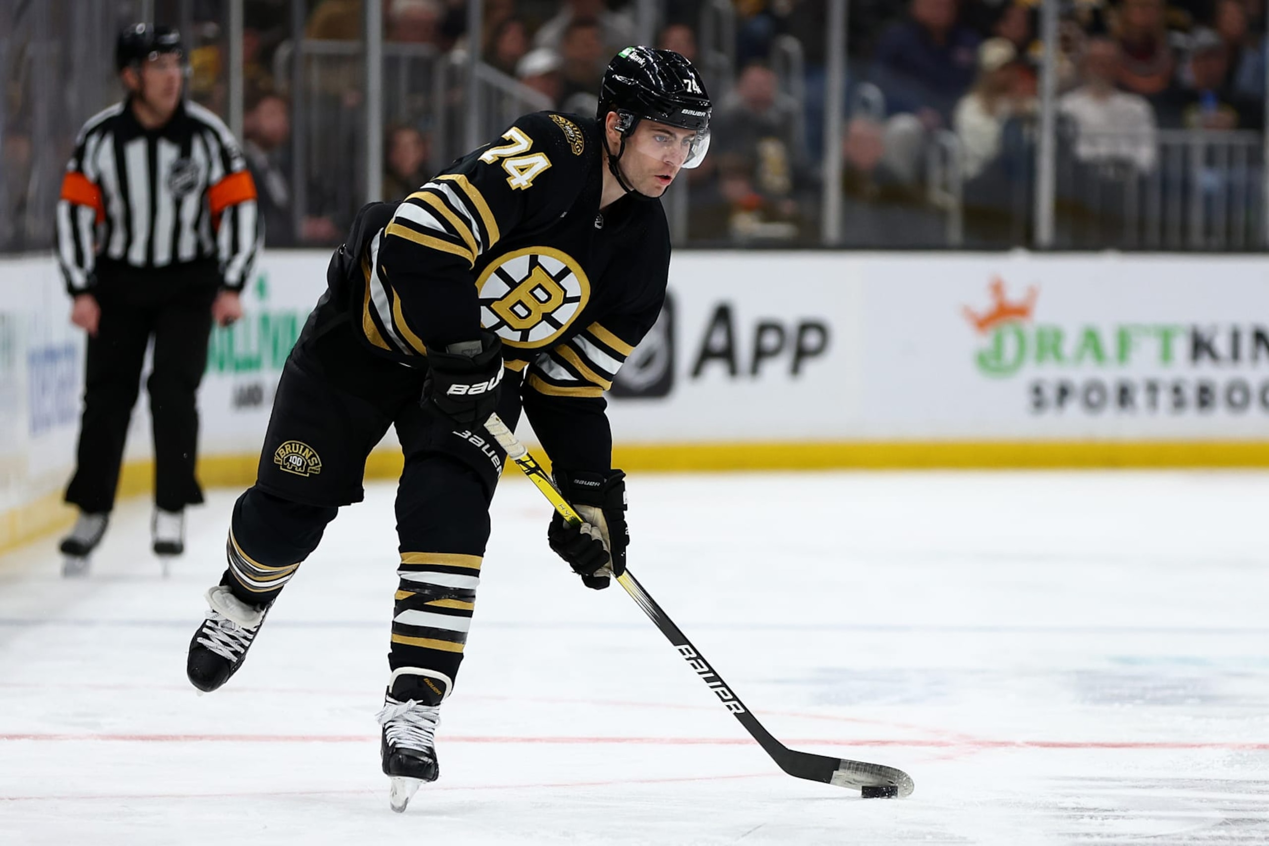 BOSTON, MASSACHUSETTS - FEBRUARY 29: Jake DeBrusk #74 of the Boston Bruins skates against the Vegas Golden Knights during the third period at TD Garden on February 29, 2024 in Boston, Massachusetts. The Bruins defeat the Knights 5-4 (Photo by Maddie Meyer/Getty Images)
