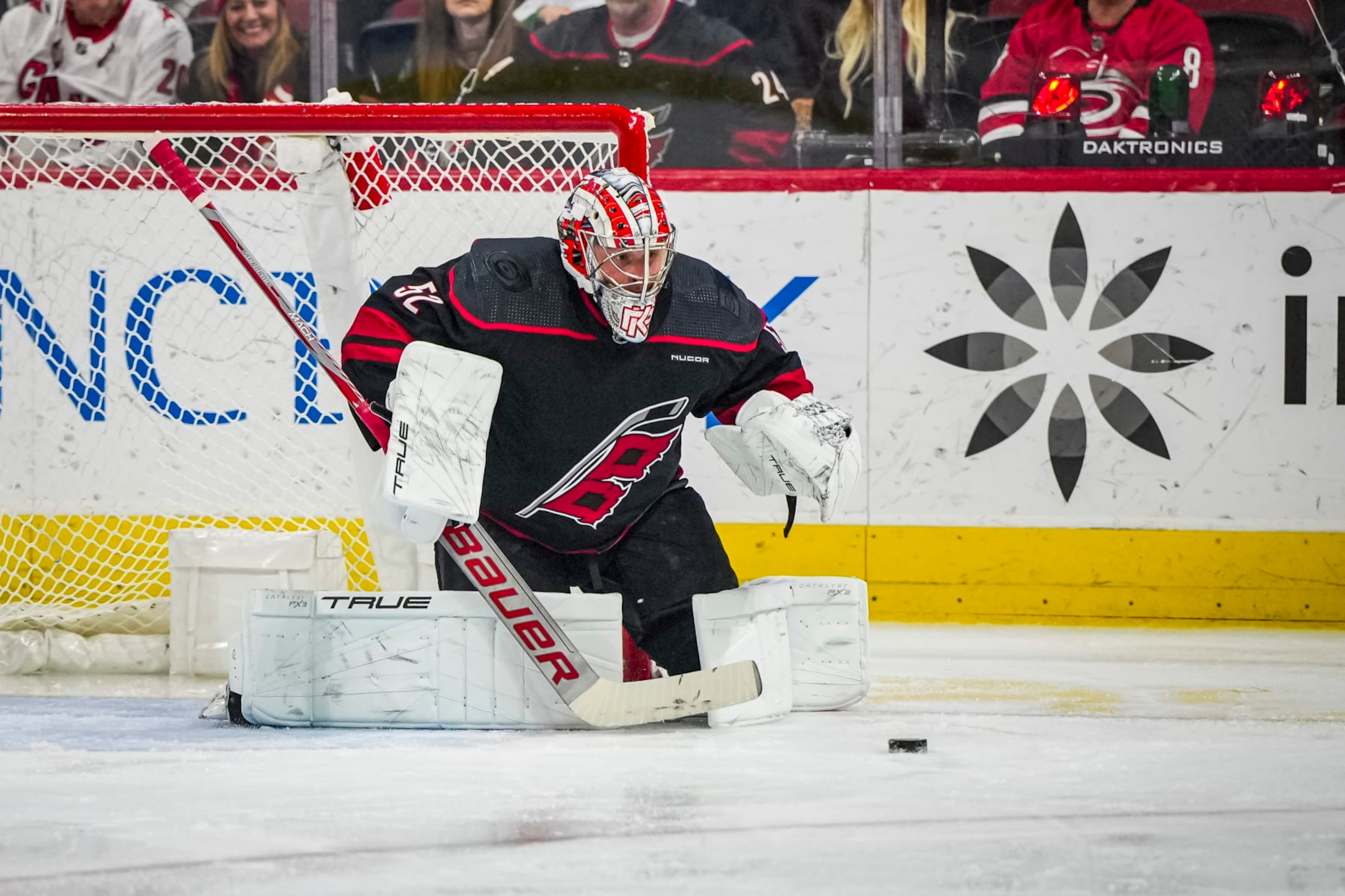 RALEIGH, NORTH CAROLINA - FEBRUARY 22: Pyotr Kochetkov #52 of the Carolina Hurricanes makes a save during the second period of an NHL hockey game against the Florida Panthers at PNC Arena on February 22, 2024 in Raleigh, North Carolina. (Photo by Josh Lavallee/NHLI via Getty Images)